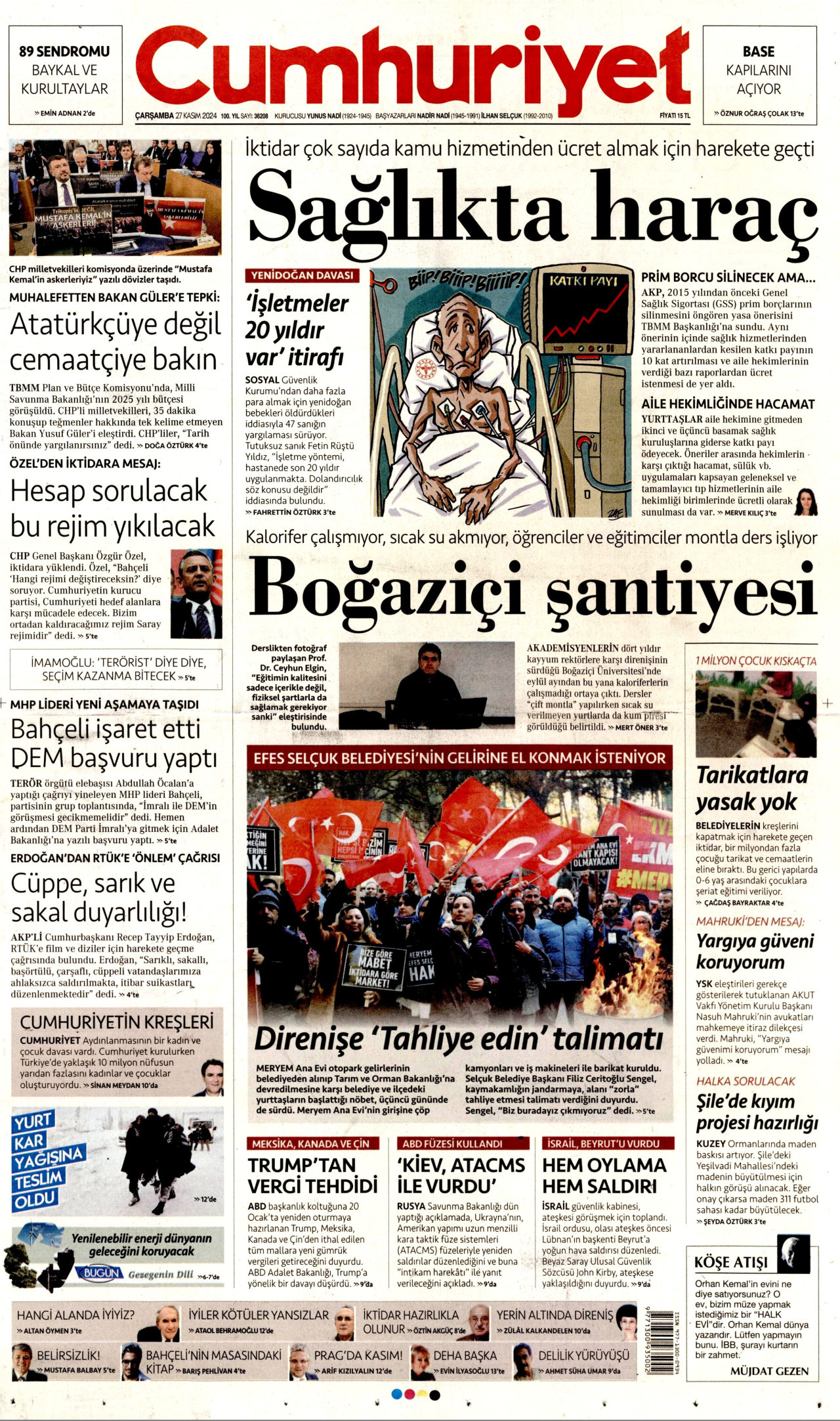 CUMHURİYET gazetesinin 27 Kasım 2024 tarihli birinci sayfası
