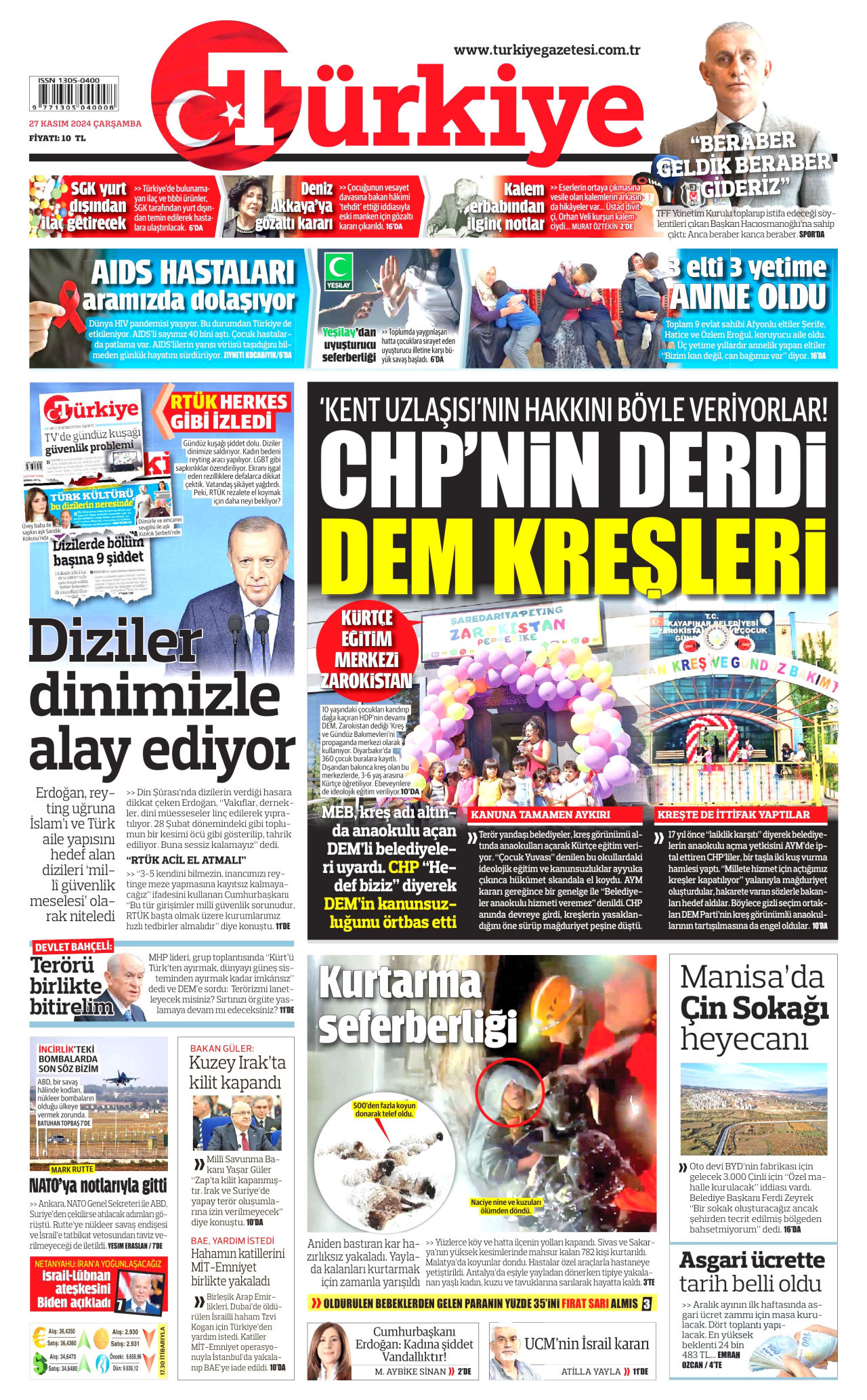 TÜRKİYE GAZETESİ gazetesinin 27 Kasım 2024 tarihli birinci sayfası