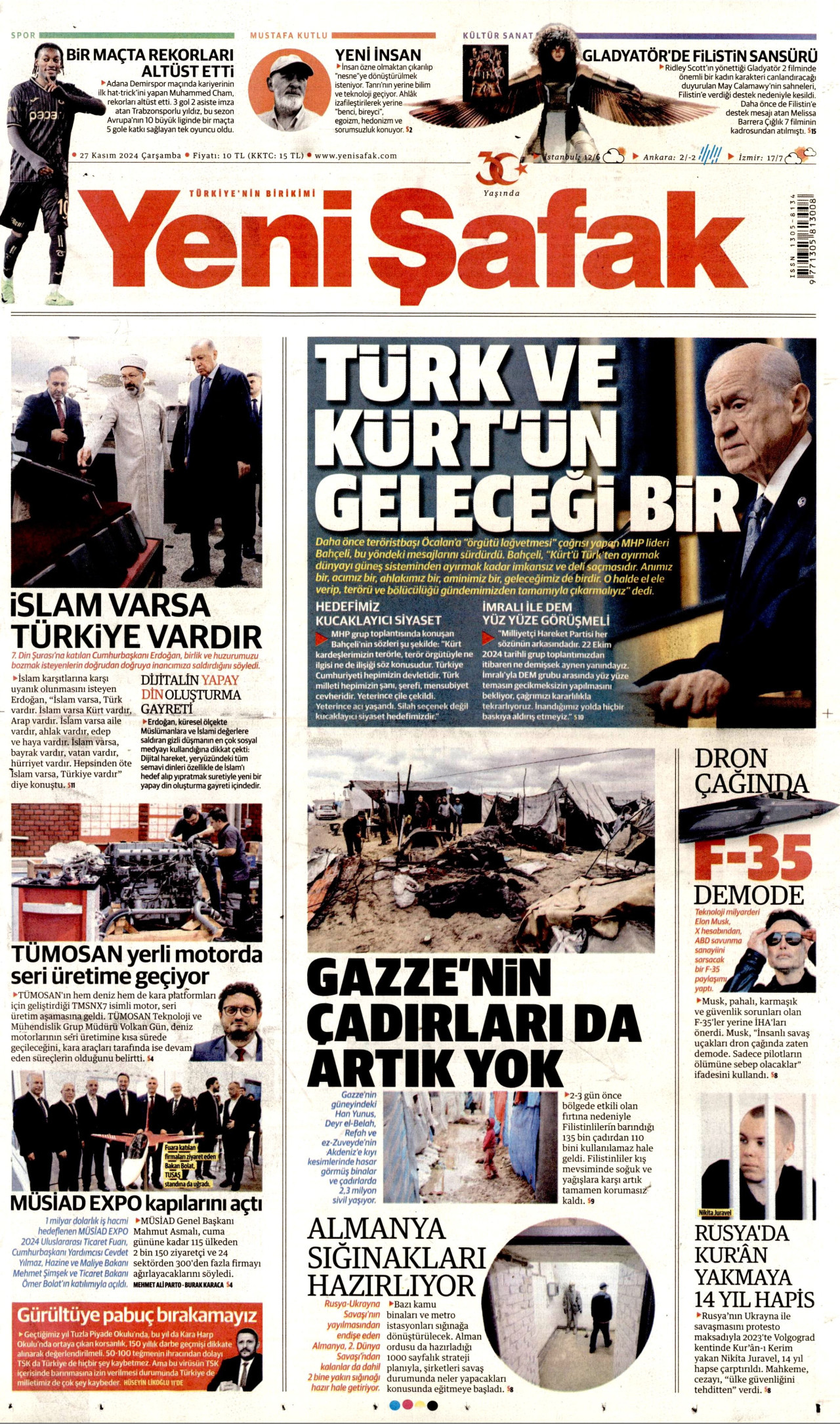 YENİ ŞAFAK gazetesinin 27 Kasım 2024 tarihli birinci sayfası
