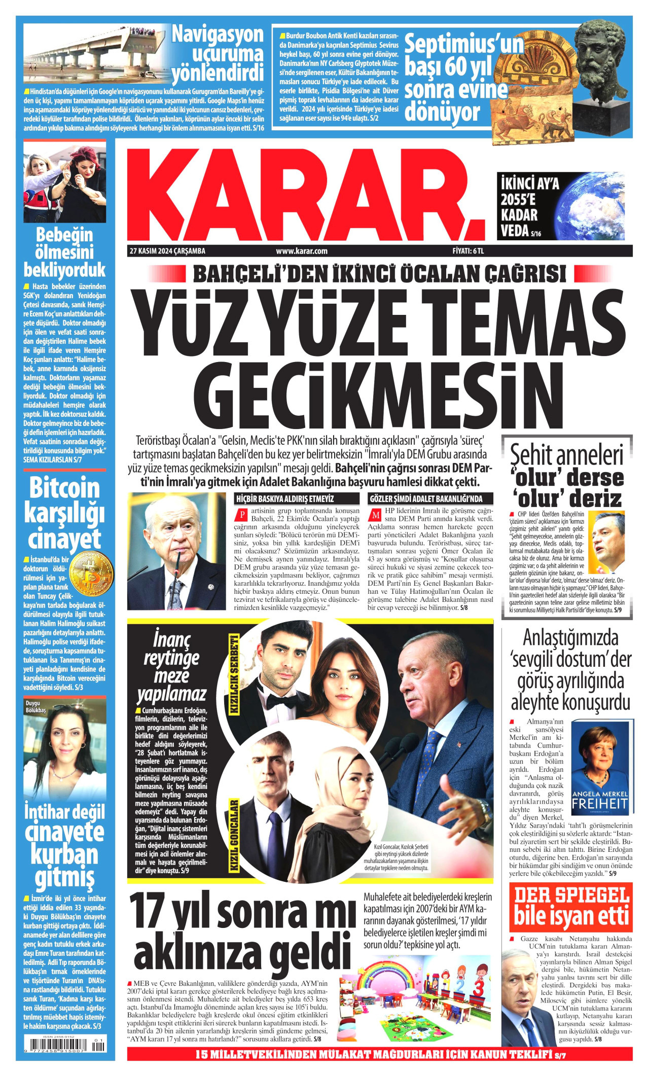 KARAR gazetesinin 27 Kasım 2024 tarihli birinci sayfası