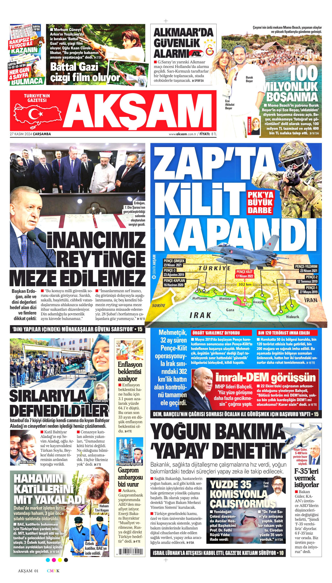 AKŞAM gazetesinin 27 Kasım 2024 tarihli birinci sayfası