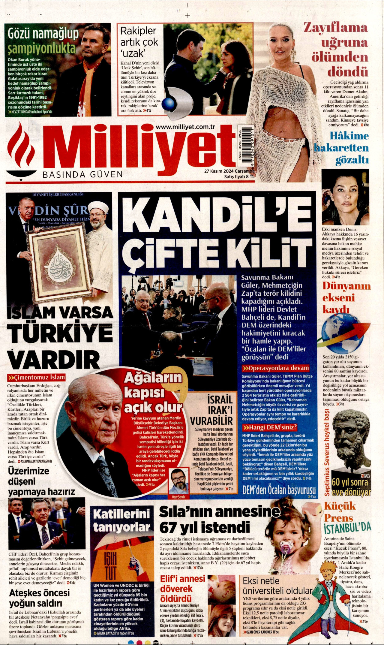 MİLLİYET gazetesinin 27 Kasım 2024 tarihli birinci sayfası