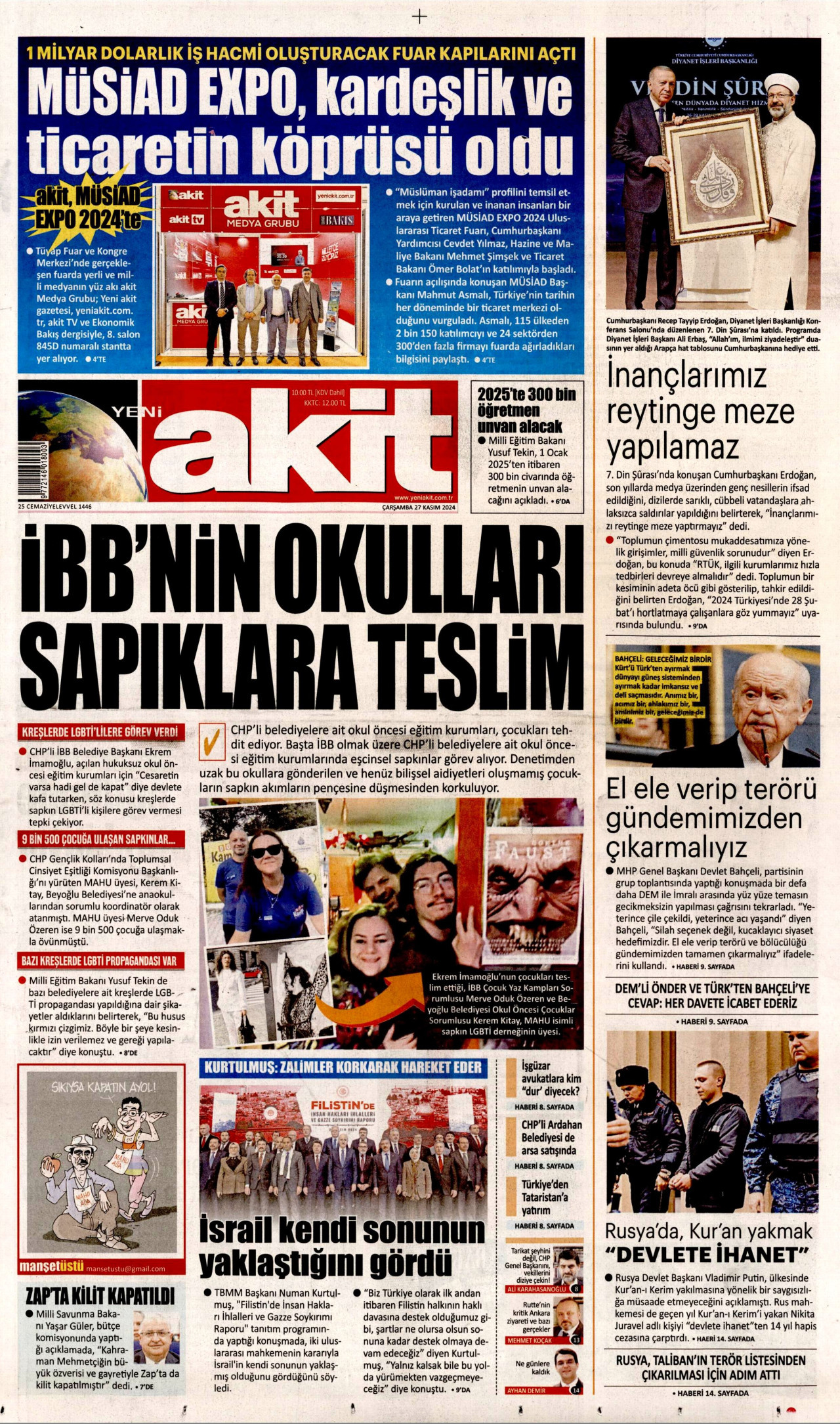 YENİ AKİT gazetesinin 27 Kasım 2024 tarihli birinci sayfası