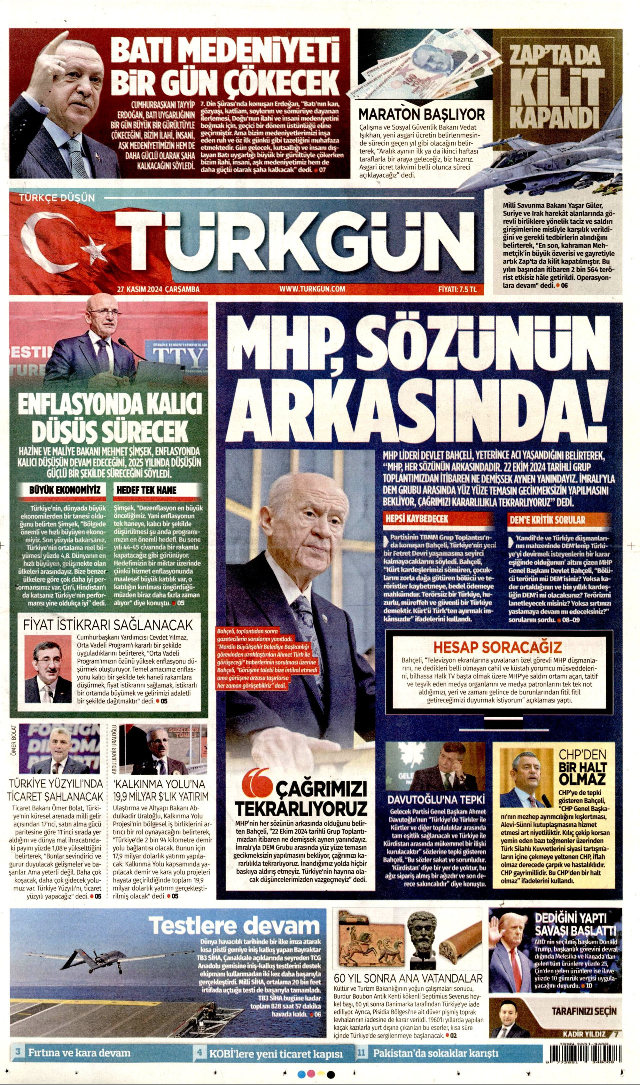 TÜRKGÜN gazetesinin 27 Kasım 2024 tarihli birinci sayfası