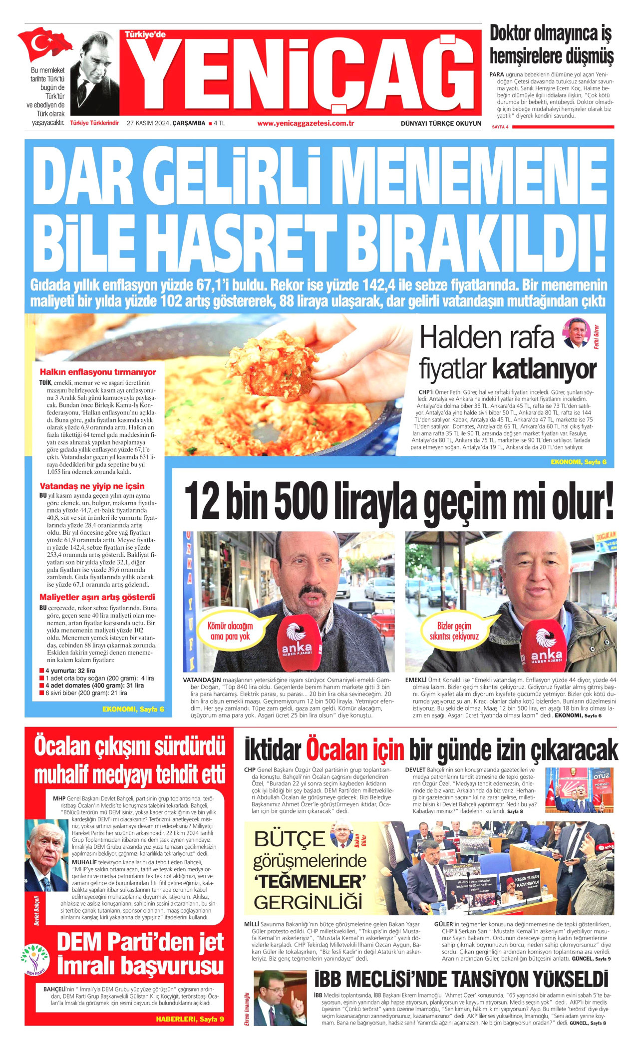 YENİÇAĞ gazetesinin 27 Kasım 2024 tarihli birinci sayfası