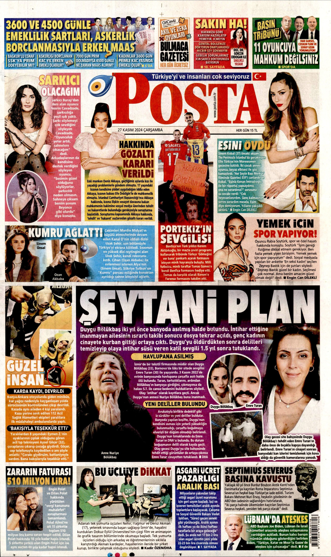 POSTA gazetesinin 27 Kasım 2024 tarihli birinci sayfası