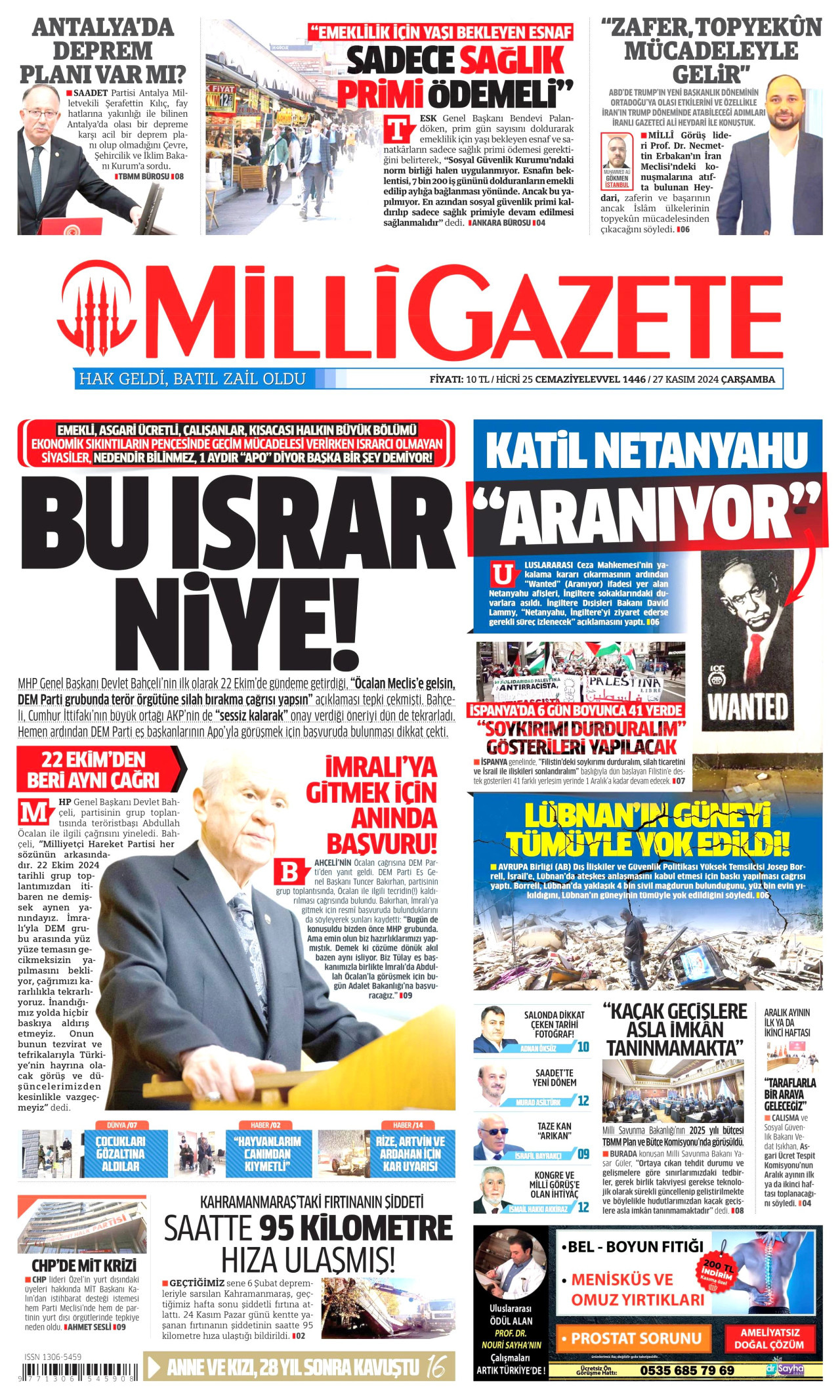 MİLLİ GAZETE gazetesinin 27 Kasım 2024 tarihli birinci sayfası