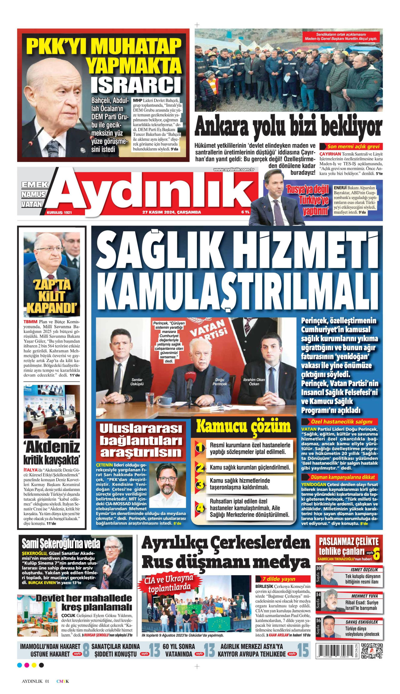 AYDINLIK GAZETESİ gazetesinin 27 Kasım 2024 tarihli birinci sayfası