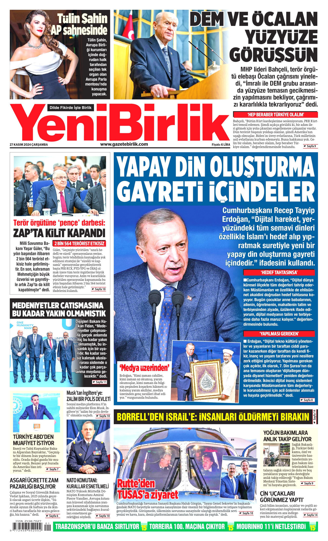 YENİBİRLİK gazetesinin 27 Kasım 2024 tarihli birinci sayfası