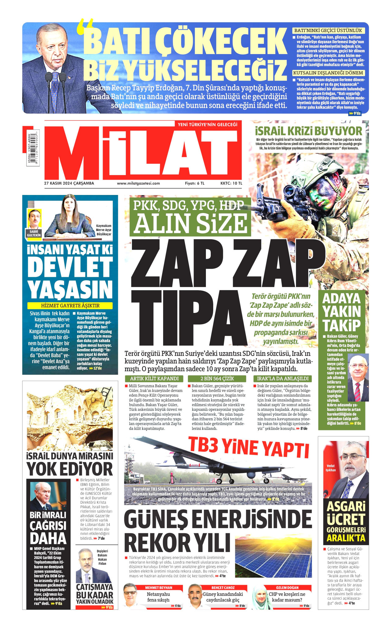 MİLAT gazetesinin 27 Kasım 2024 tarihli birinci sayfası