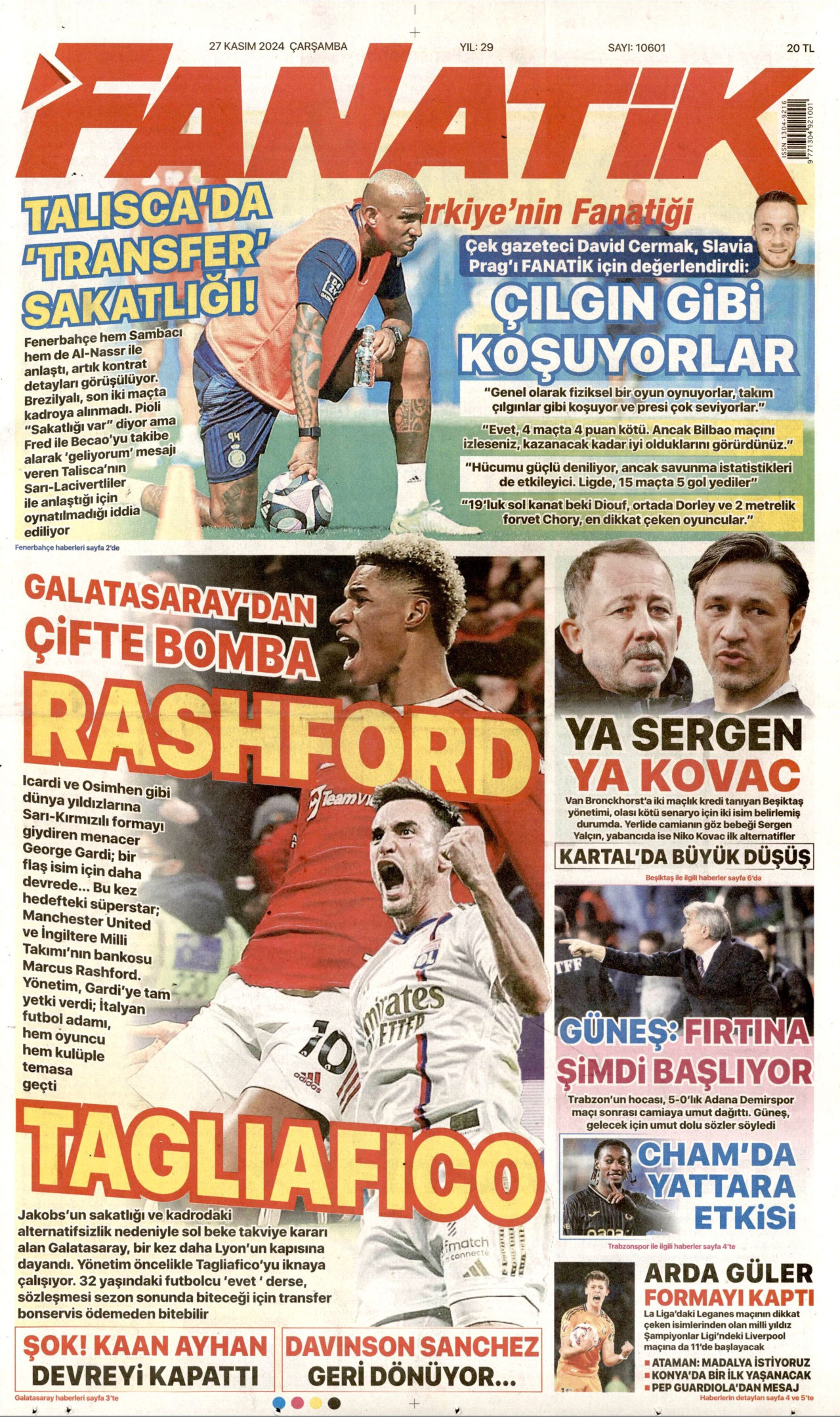 FANATİK gazetesinin 27 Kasım 2024 tarihli birinci sayfası