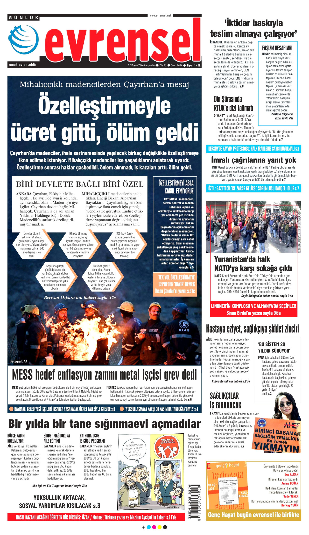 EVRENSEL gazetesinin 27 Kasım 2024 tarihli birinci sayfası