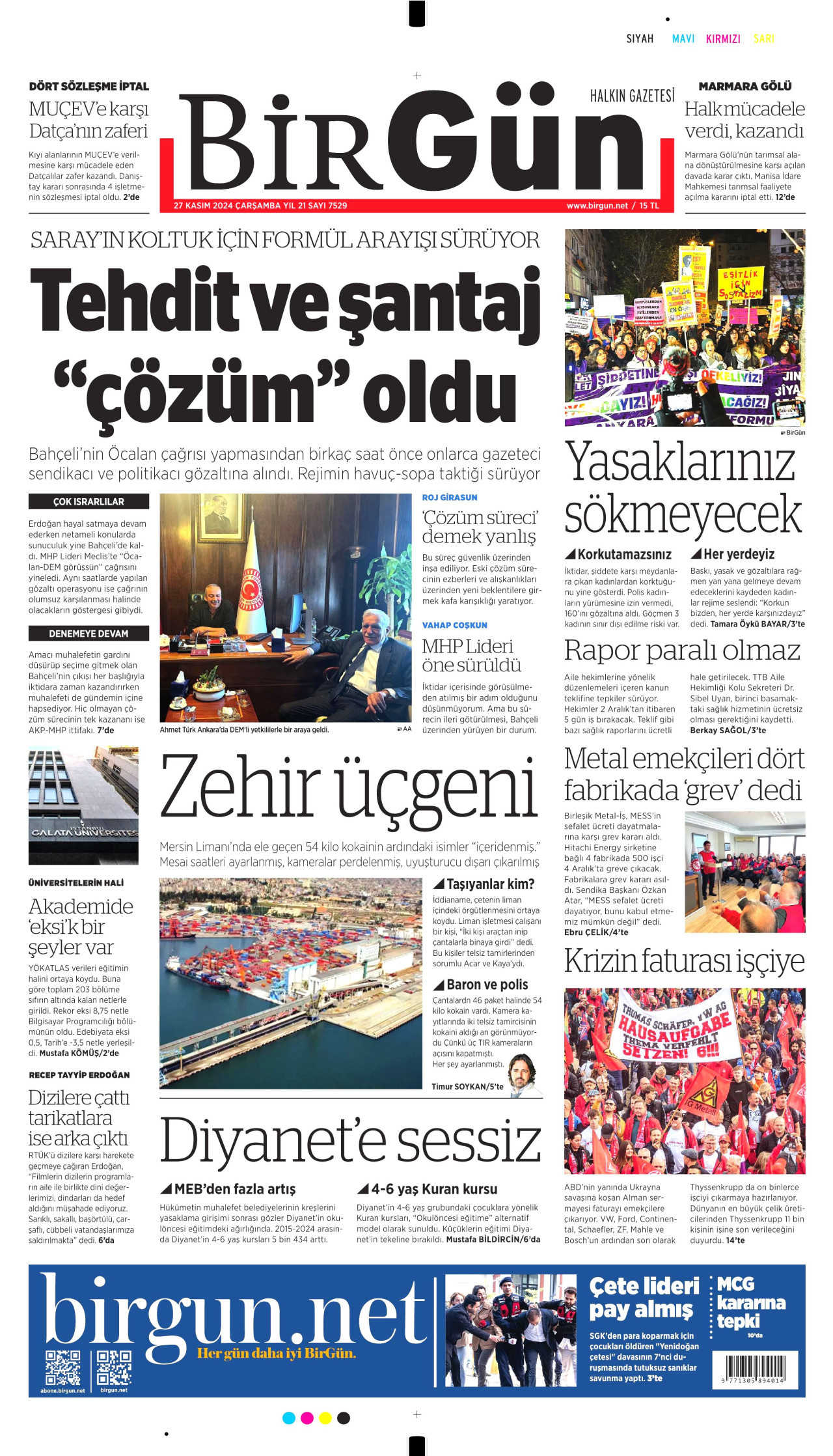 BİRGÜN gazetesinin 27 Kasım 2024 tarihli birinci sayfası