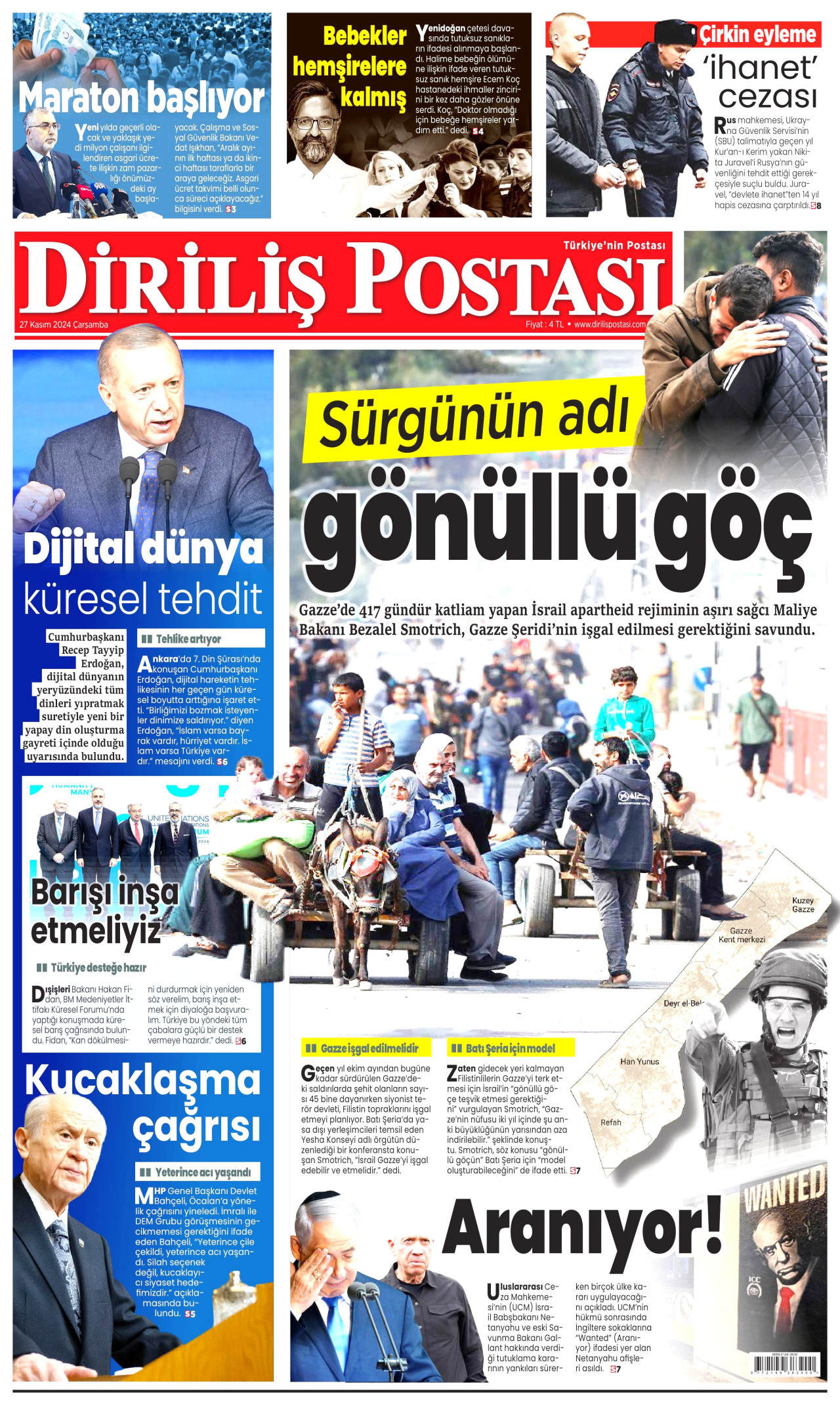 DİRİLİŞ POSTASI gazetesinin 27 Kasım 2024 tarihli birinci sayfası