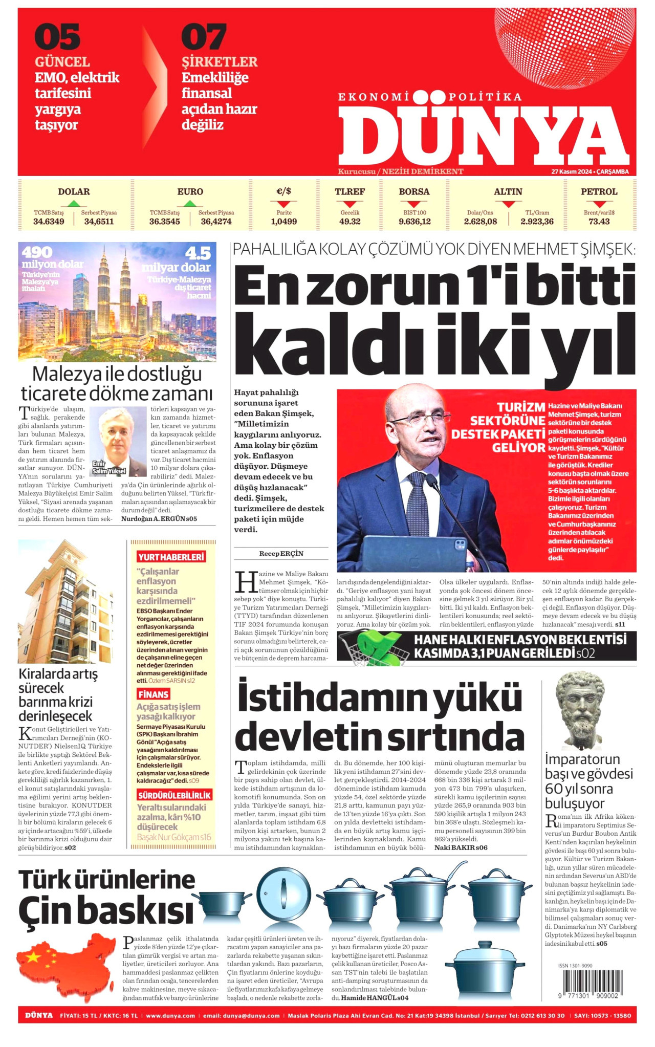 DÜNYA gazetesinin 27 Kasım 2024 tarihli birinci sayfası