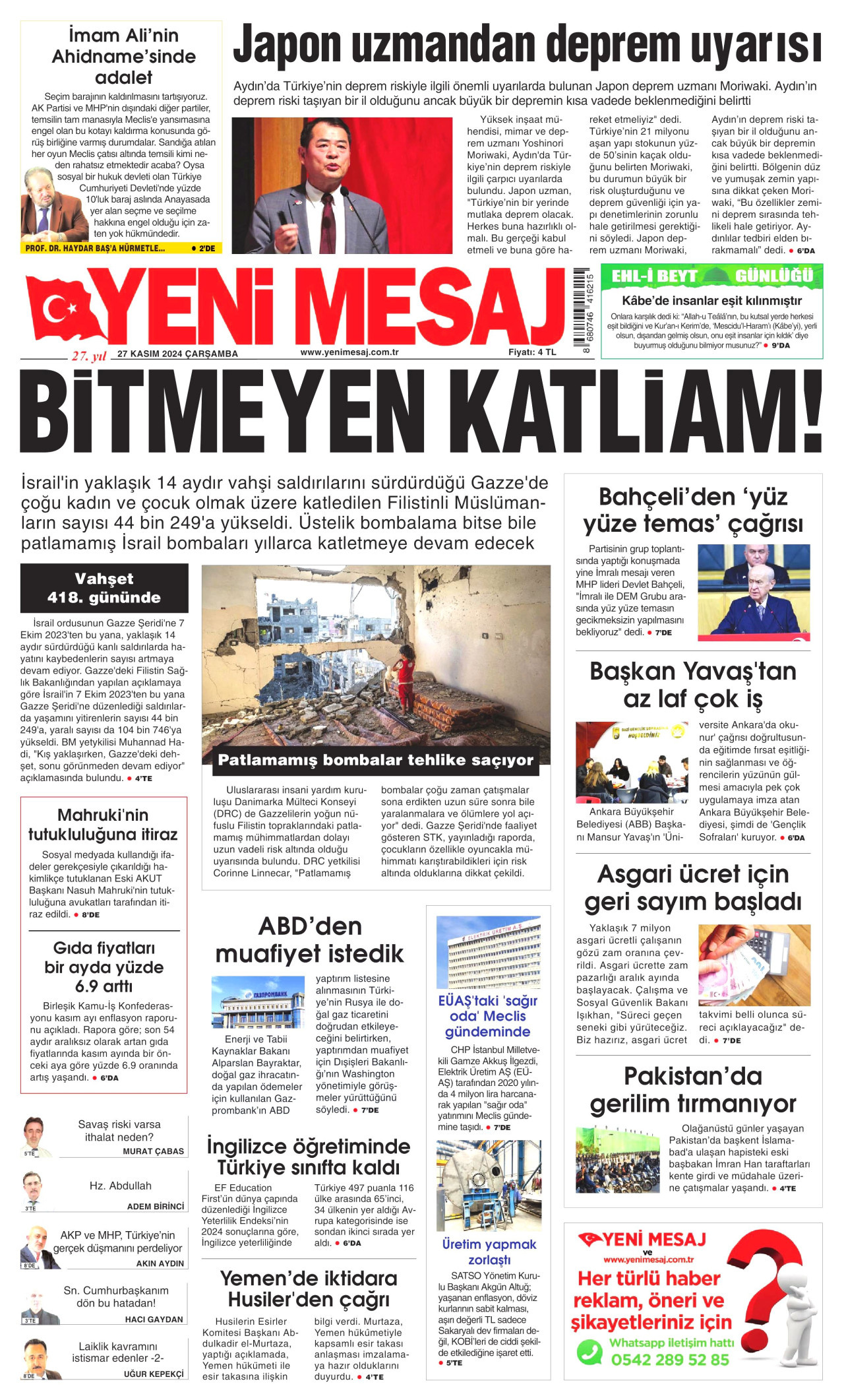 YENİ MESAJ gazetesinin 27 Kasım 2024 tarihli birinci sayfası