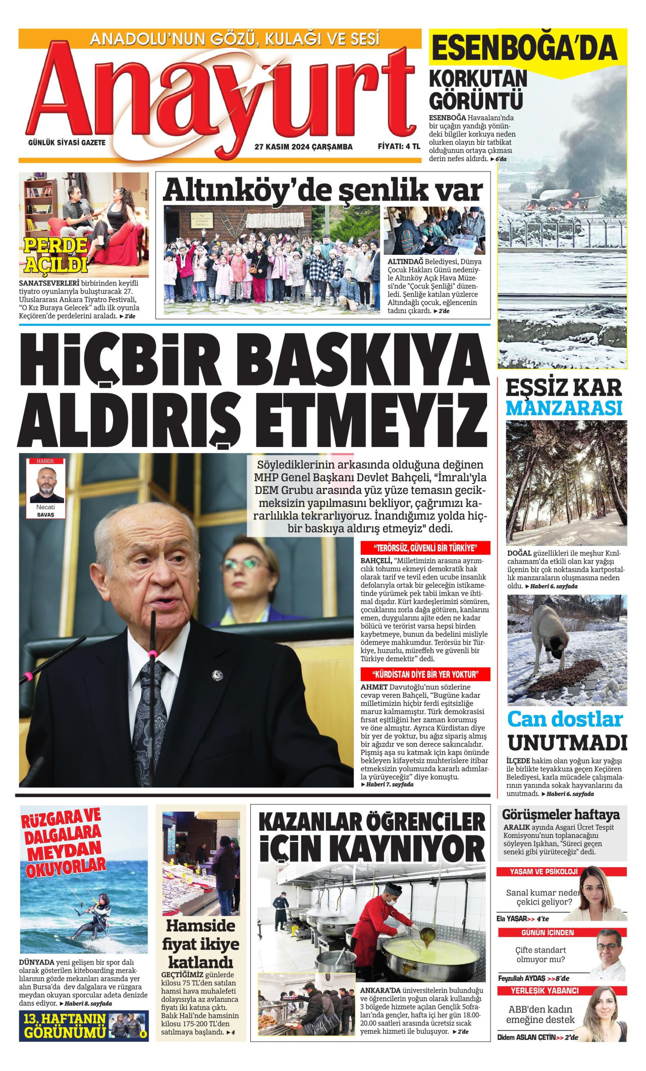 ANAYURT gazetesinin 27 Kasım 2024 tarihli birinci sayfası