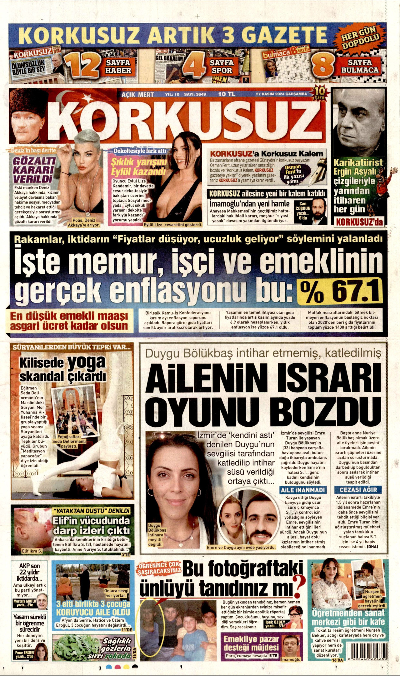 KORKUSUZ gazetesinin 27 Kasım 2024 tarihli birinci sayfası