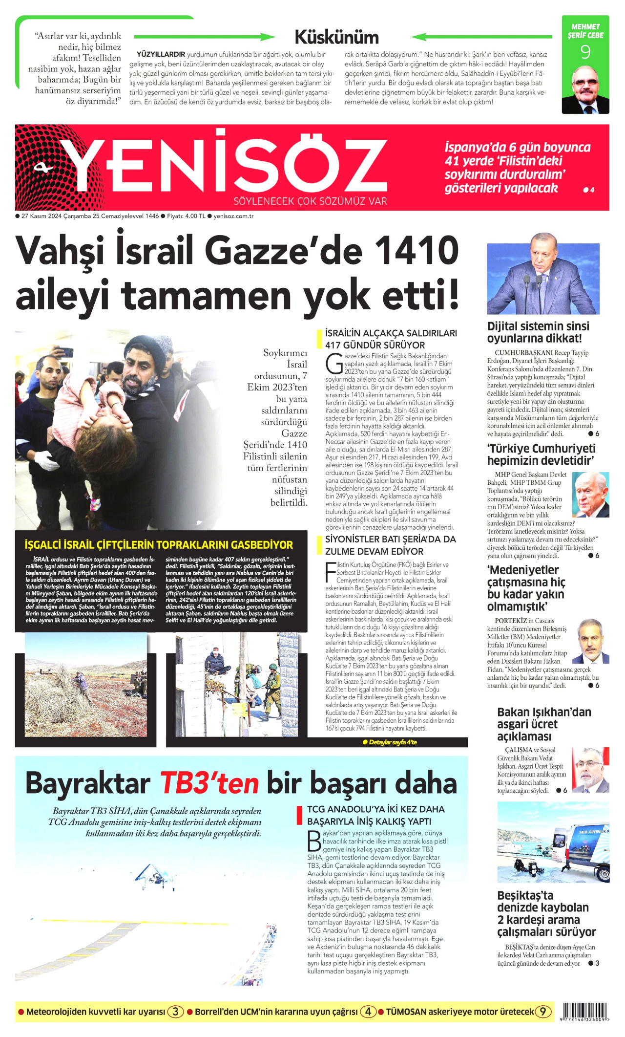 YENİ SÖZ GAZETESİ gazetesinin 27 Kasım 2024 tarihli birinci sayfası
