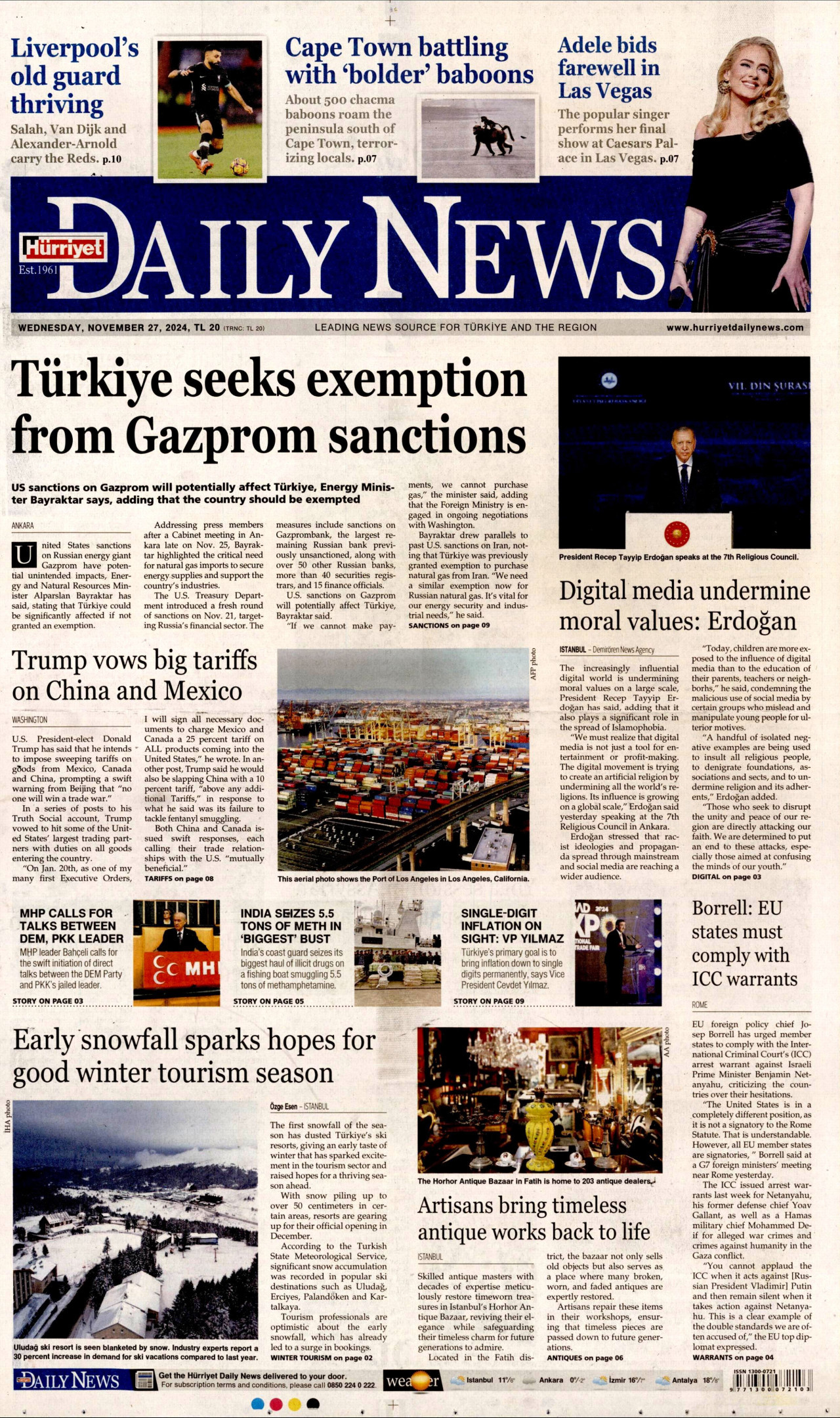 HÜRRİYET DAİLY NEWS gazetesinin 27 Kasım 2024 tarihli birinci sayfası