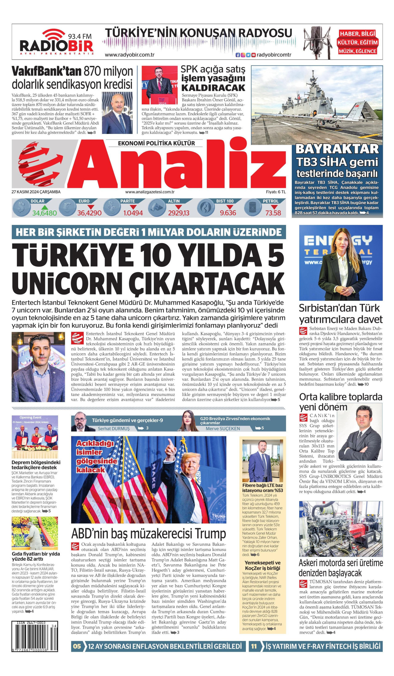 ANALİZ gazetesinin 27 Kasım 2024 tarihli birinci sayfası