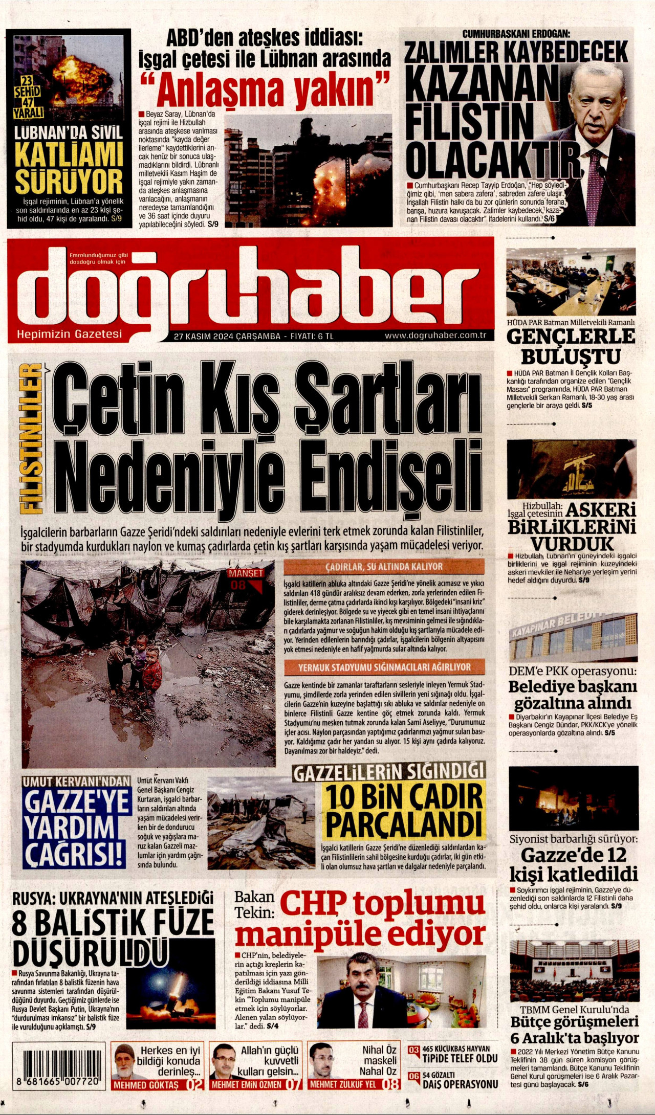 DOĞRU HABER gazetesinin 27 Kasım 2024 tarihli birinci sayfası