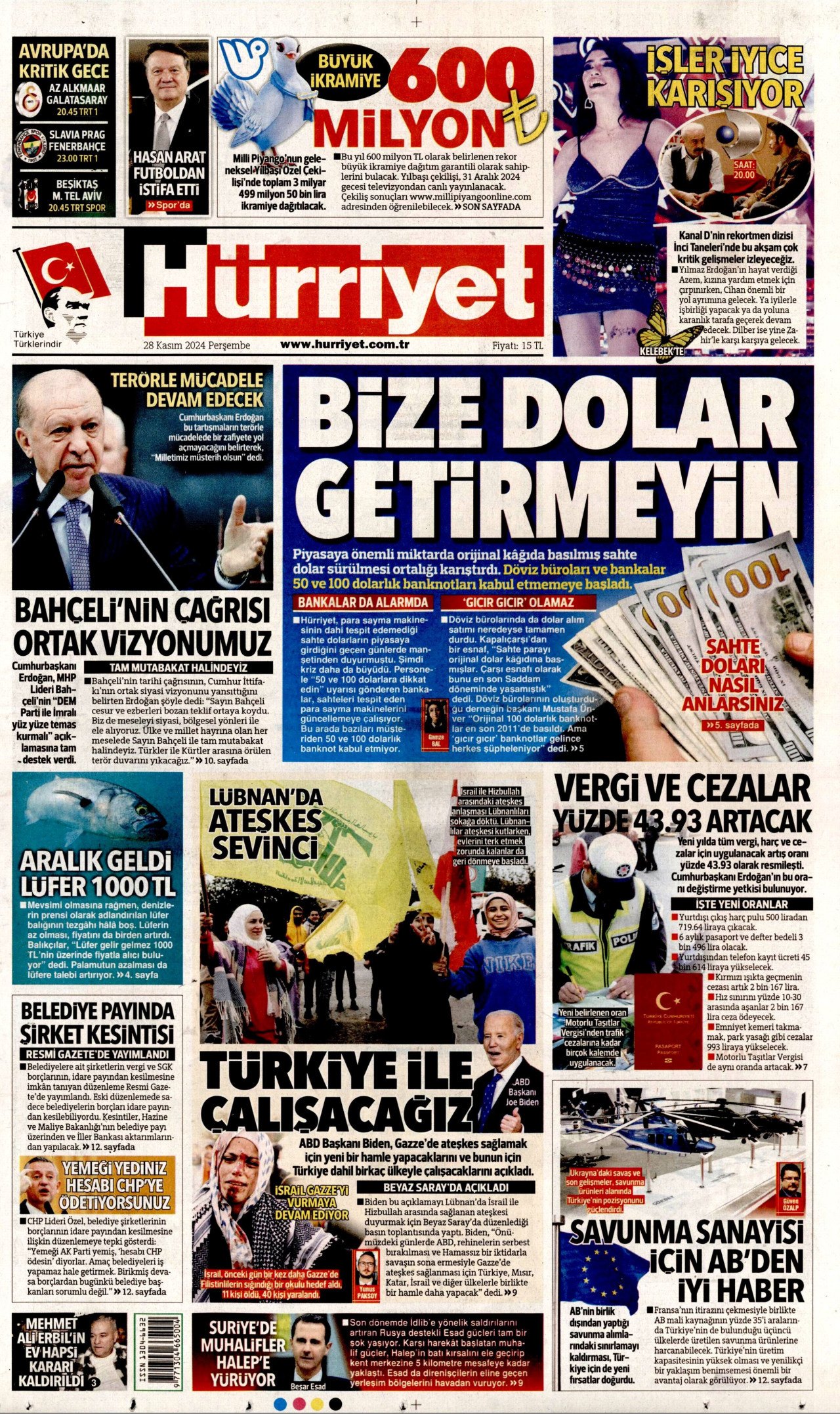 HÜRRİYET gazetesinin 28 Kasım 2024 tarihli birinci sayfası