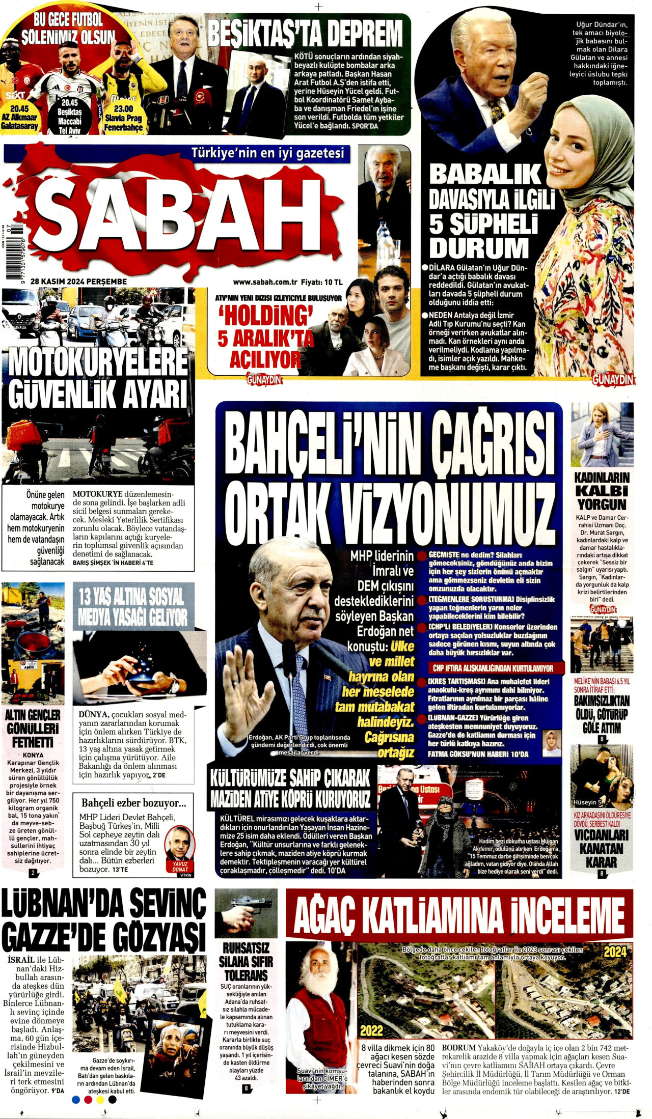 SABAH gazetesinin 28 Kasım 2024 tarihli birinci sayfası