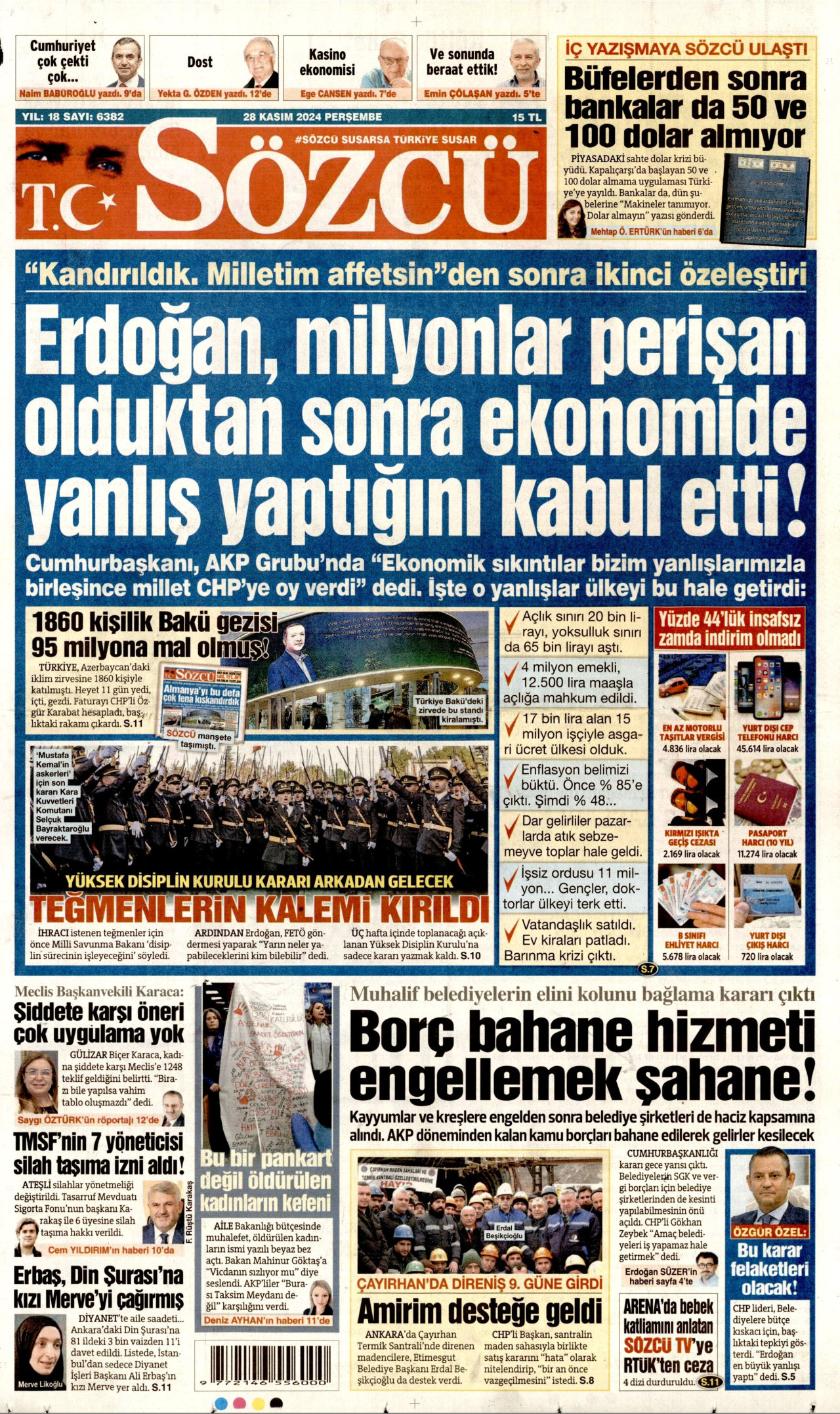 SÖZCÜ gazetesinin 28 Kasım 2024 tarihli birinci sayfası