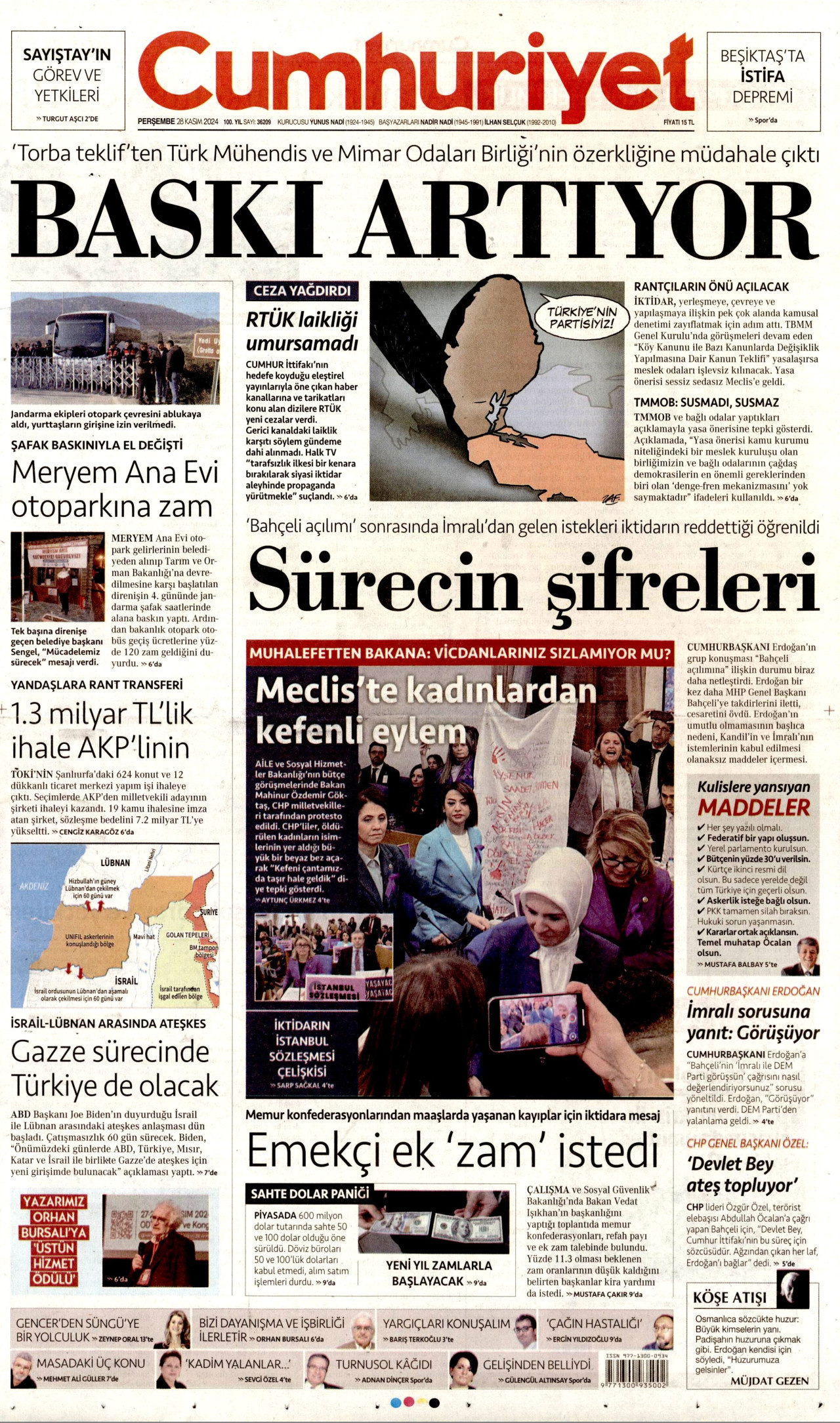 CUMHURİYET gazetesinin 28 Kasım 2024 tarihli birinci sayfası
