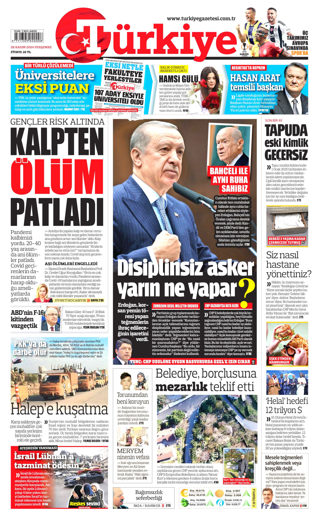 TÜRKİYE GAZETESİ gazetesinin 28 Kasım 2024 tarihli birinci sayfası