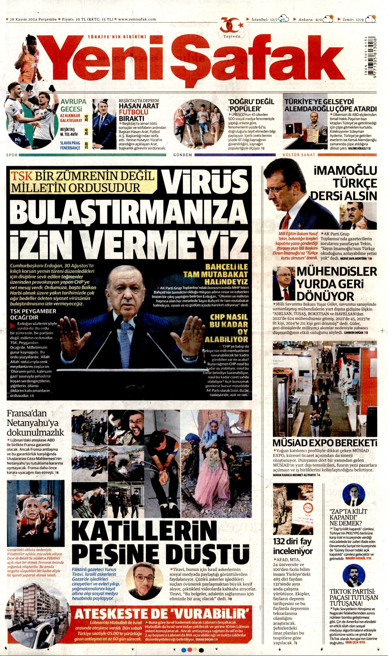 YENİ ŞAFAK gazetesinin 28 Kasım 2024 tarihli birinci sayfası