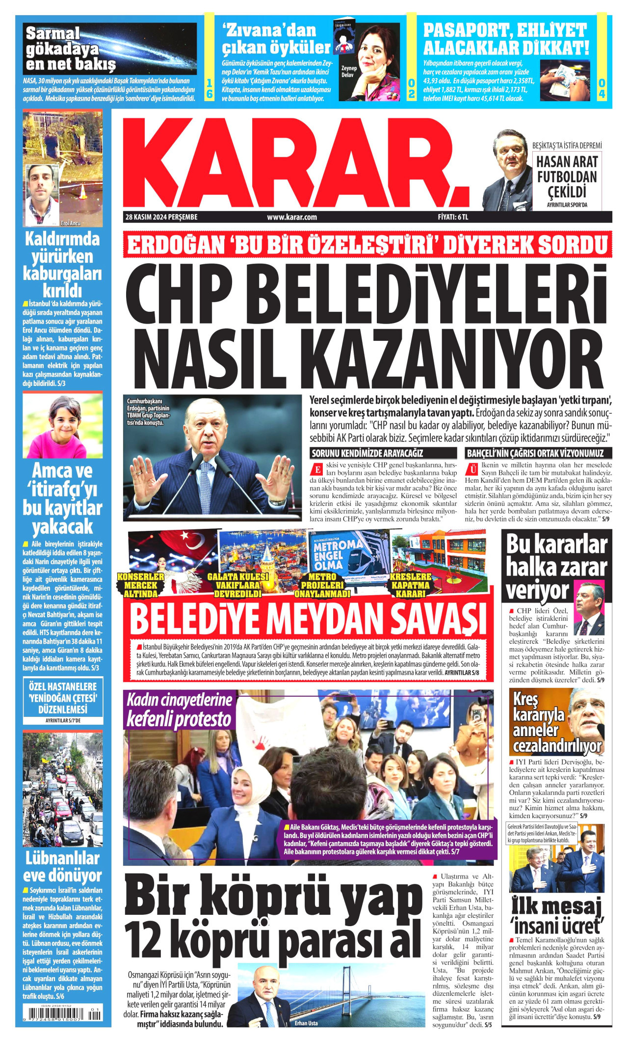 KARAR gazetesinin 28 Kasım 2024 tarihli birinci sayfası