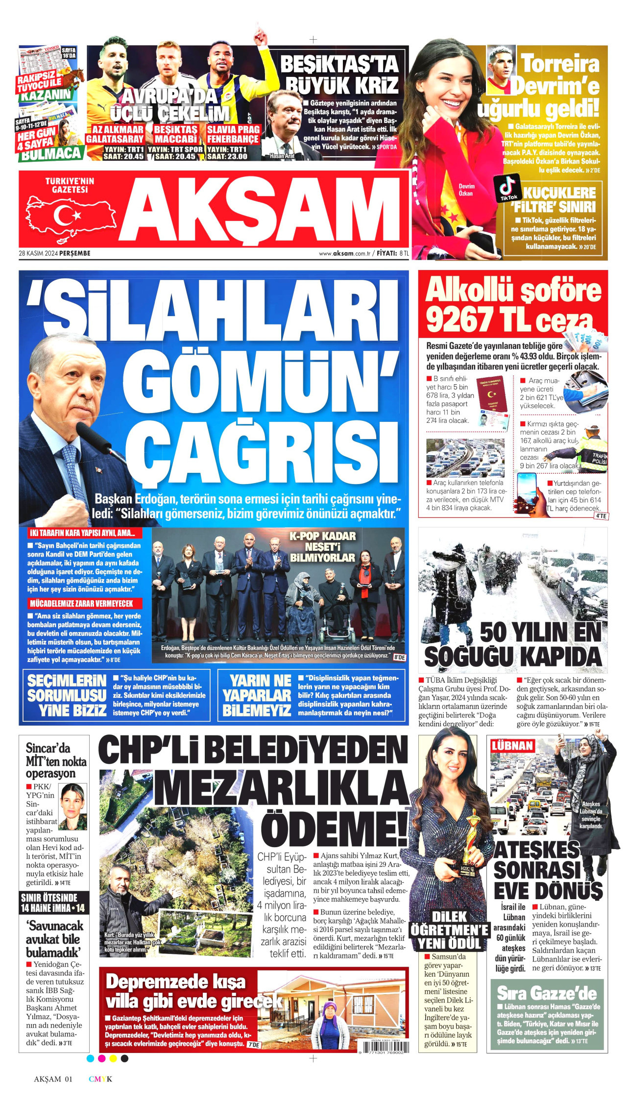 AKŞAM gazetesinin 28 Kasım 2024 tarihli birinci sayfası