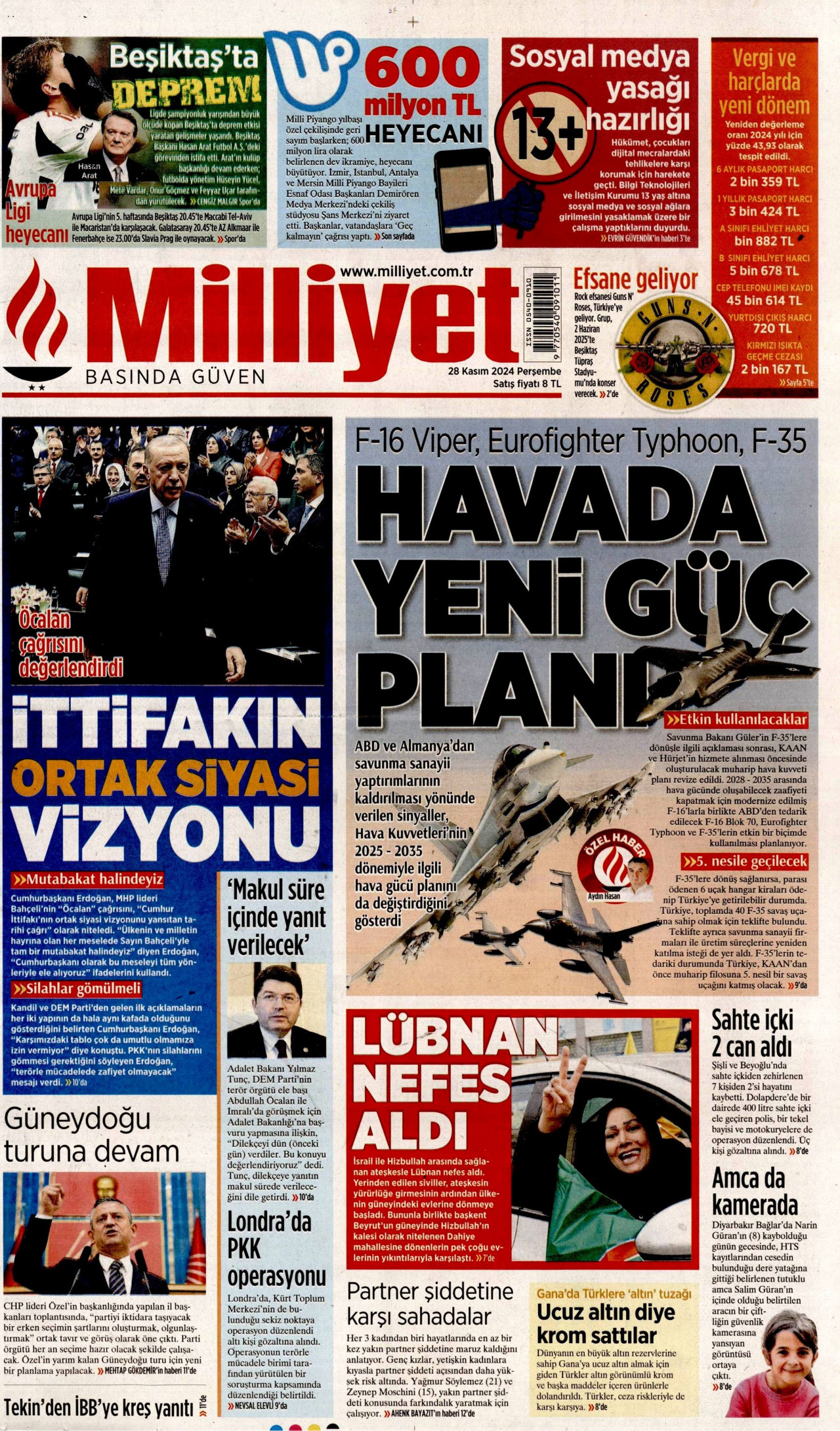 MİLLİYET gazetesinin 28 Kasım 2024 tarihli birinci sayfası