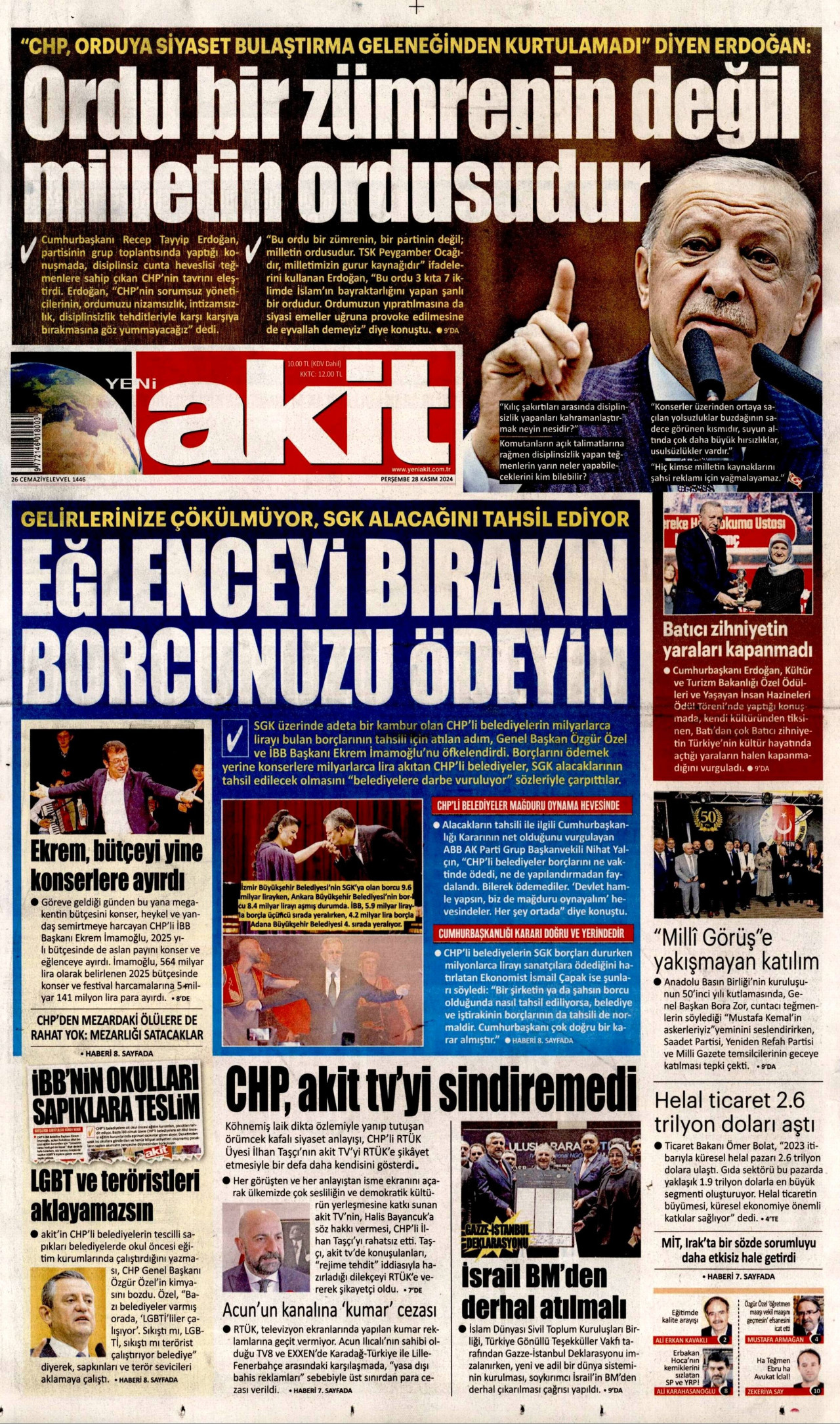 YENİ AKİT gazetesinin 28 Kasım 2024 tarihli birinci sayfası