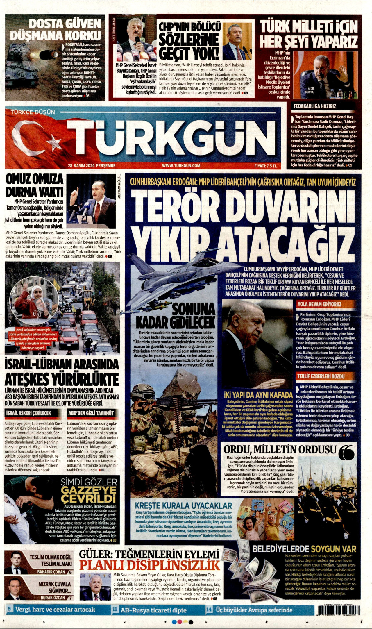 TÜRKGÜN gazetesinin 28 Kasım 2024 tarihli birinci sayfası