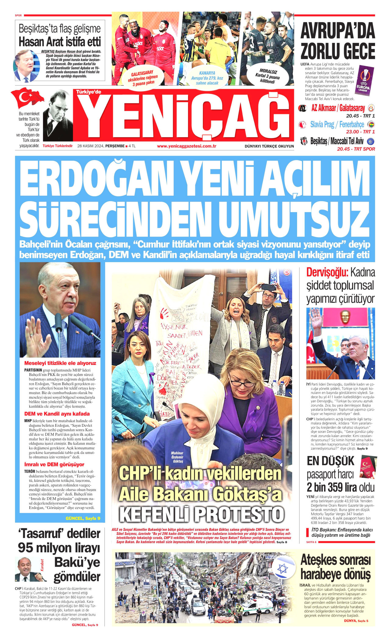 YENİÇAĞ gazetesinin 28 Kasım 2024 tarihli birinci sayfası