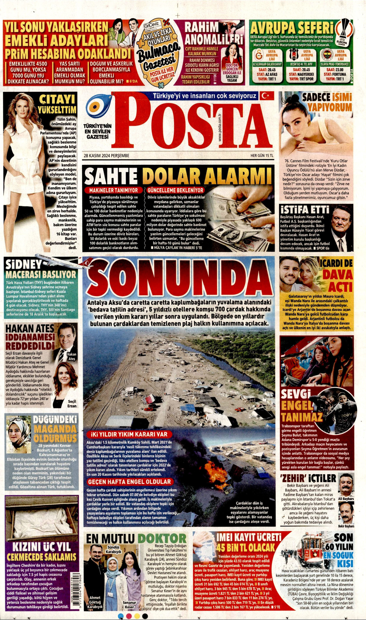 POSTA gazetesinin 28 Kasım 2024 tarihli birinci sayfası