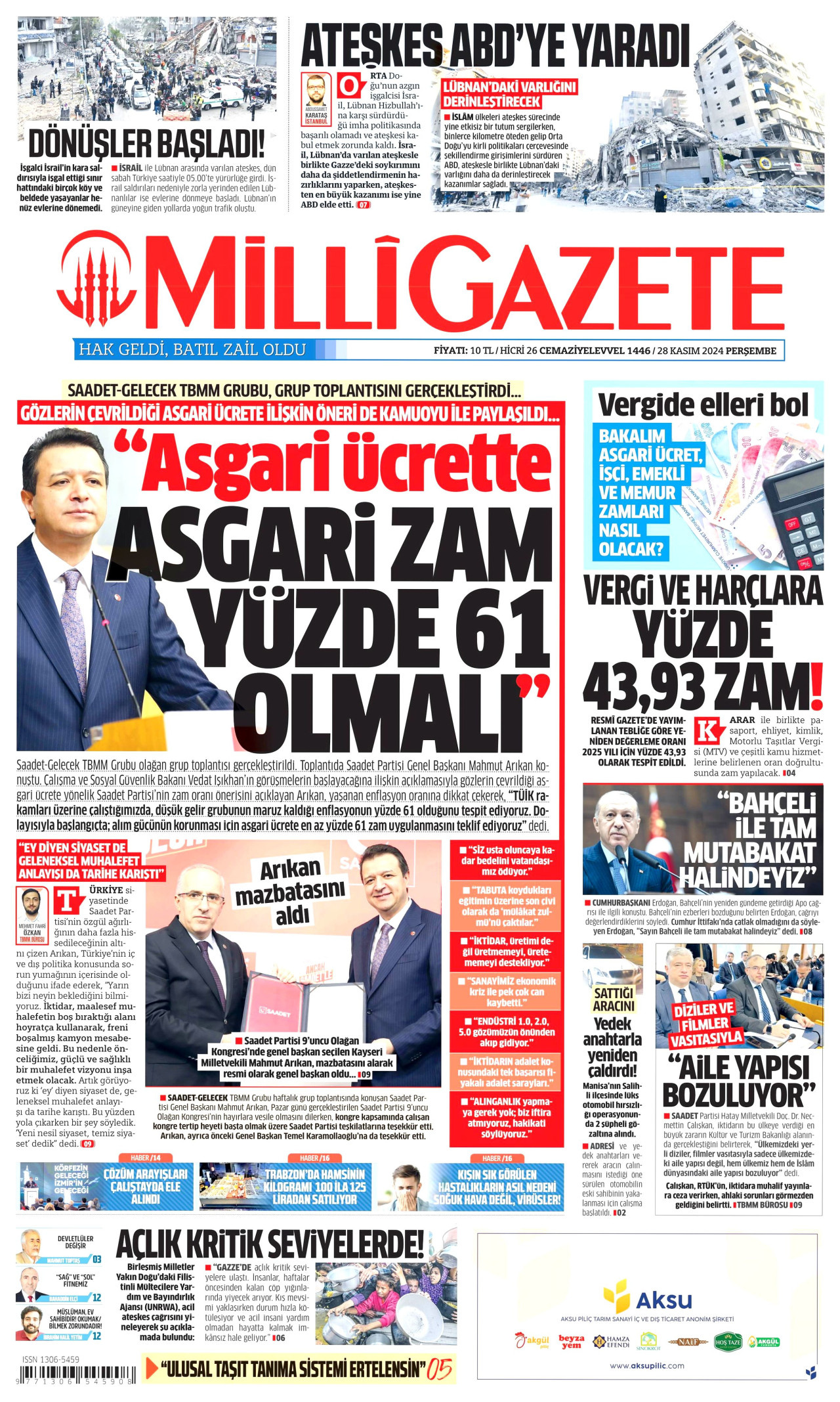 MİLLİ GAZETE gazetesinin 28 Kasım 2024 tarihli birinci sayfası
