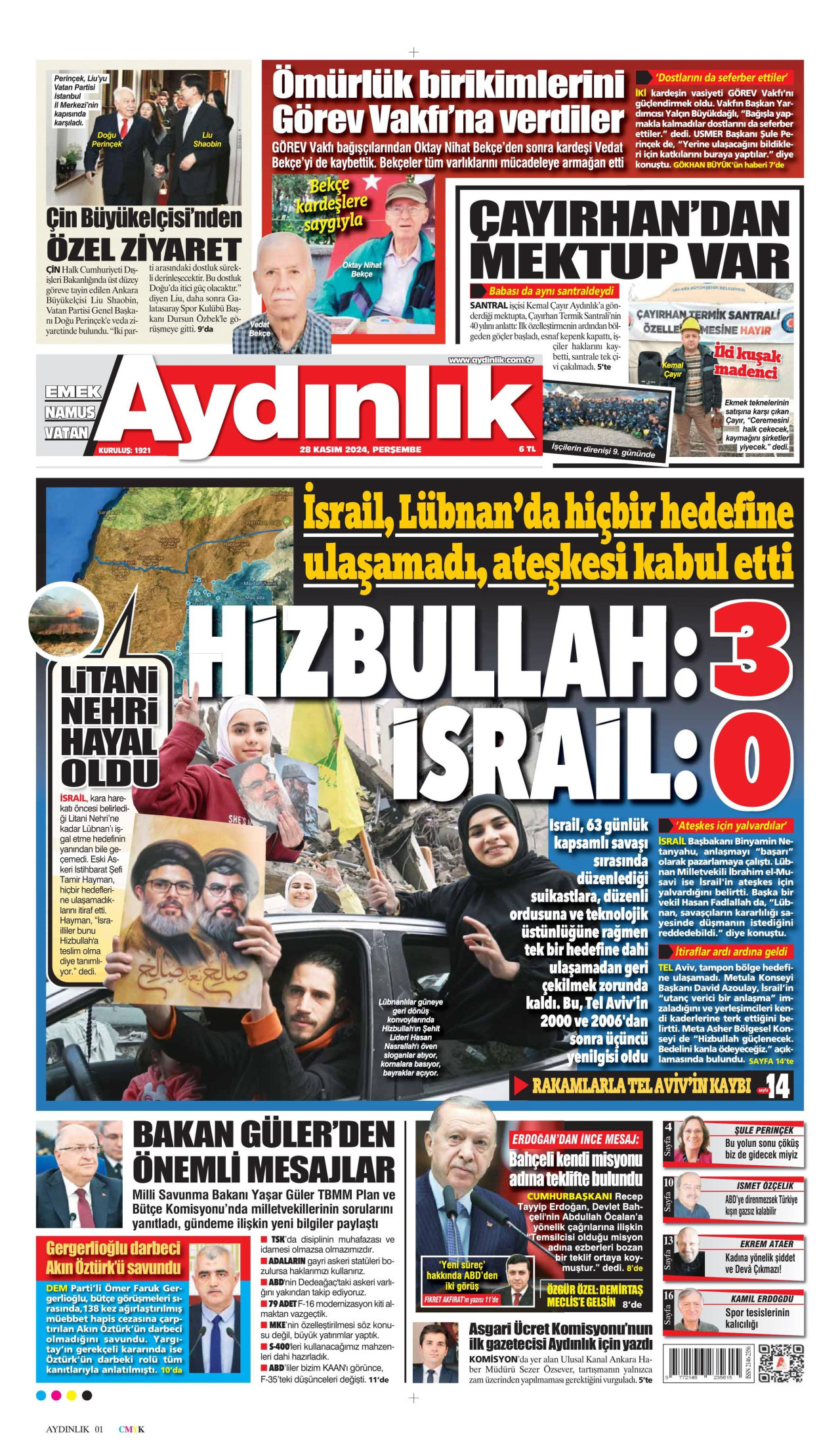 AYDINLIK GAZETESİ gazetesinin 28 Kasım 2024 tarihli birinci sayfası