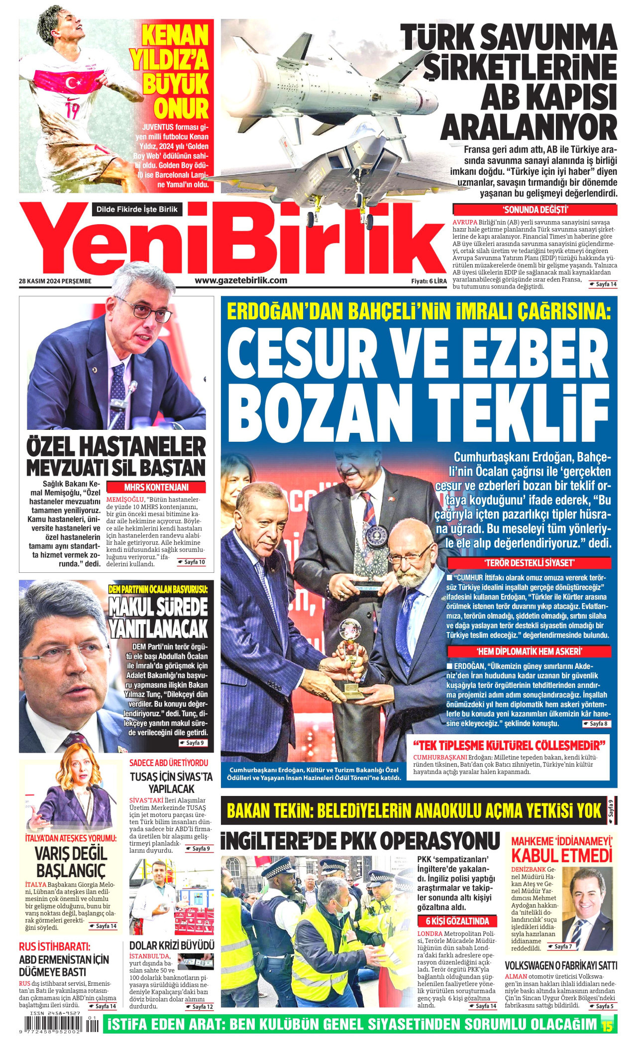 YENİBİRLİK gazetesinin 28 Kasım 2024 tarihli birinci sayfası