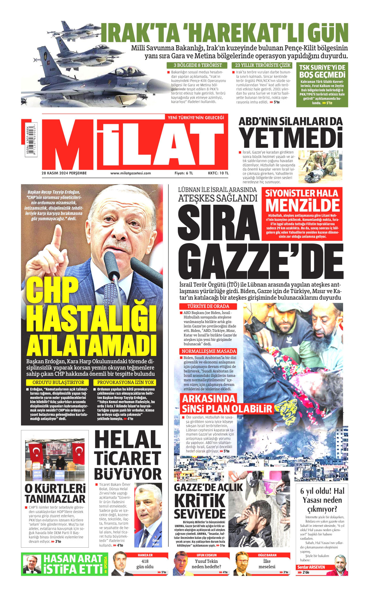 MİLAT gazetesinin 28 Kasım 2024 tarihli birinci sayfası