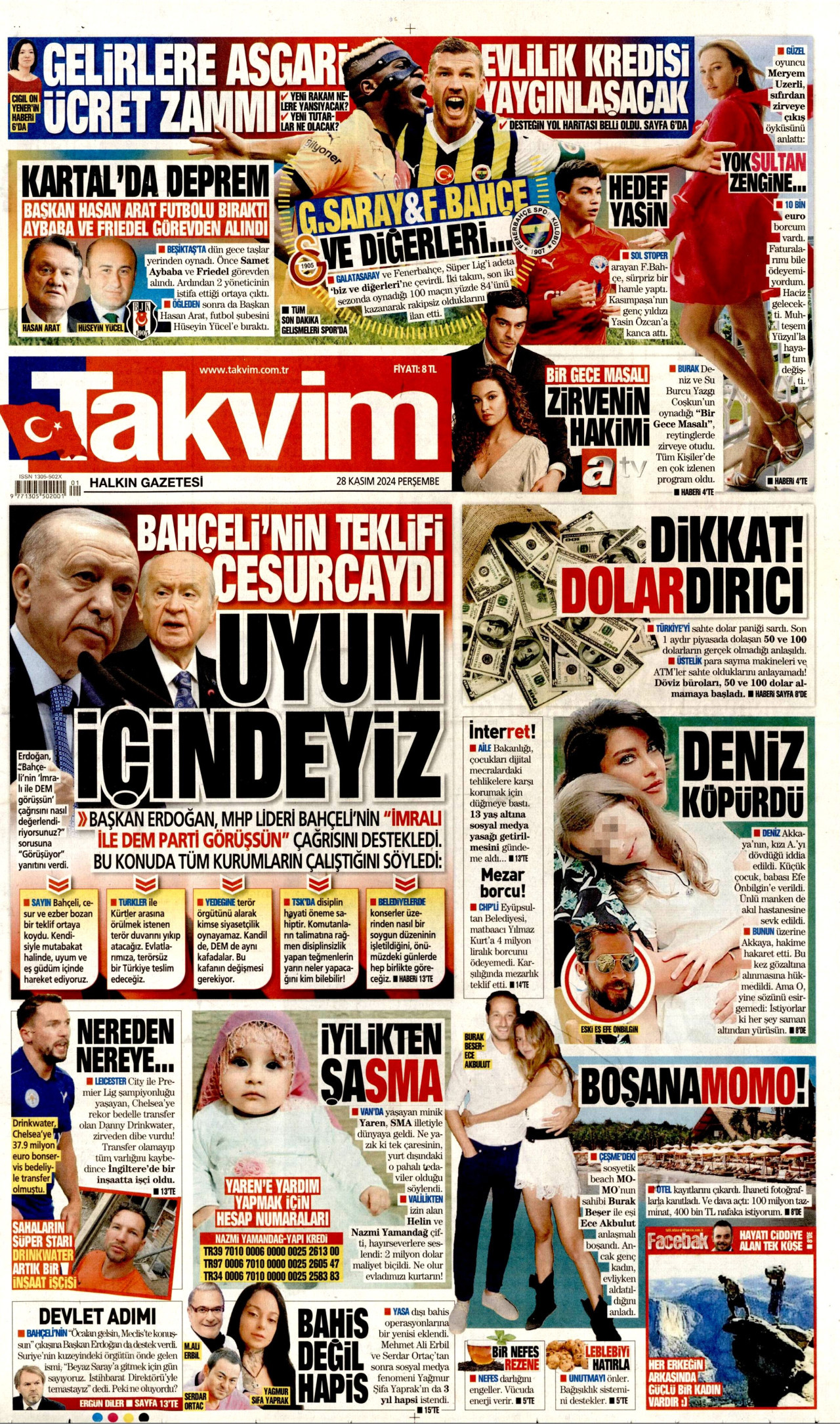 TAKVİM gazetesinin 28 Kasım 2024 tarihli birinci sayfası