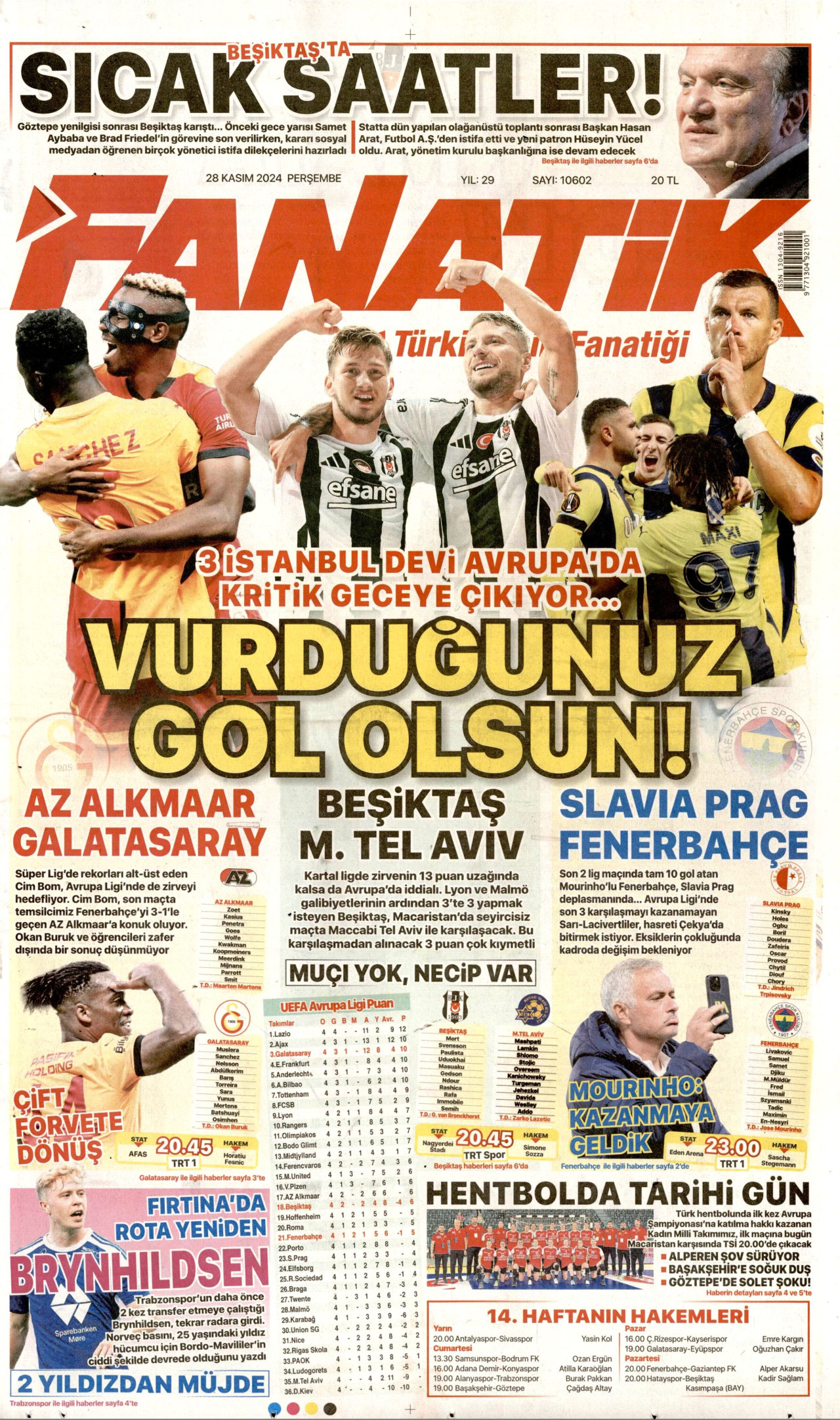 FANATİK gazetesinin 28 Kasım 2024 tarihli birinci sayfası