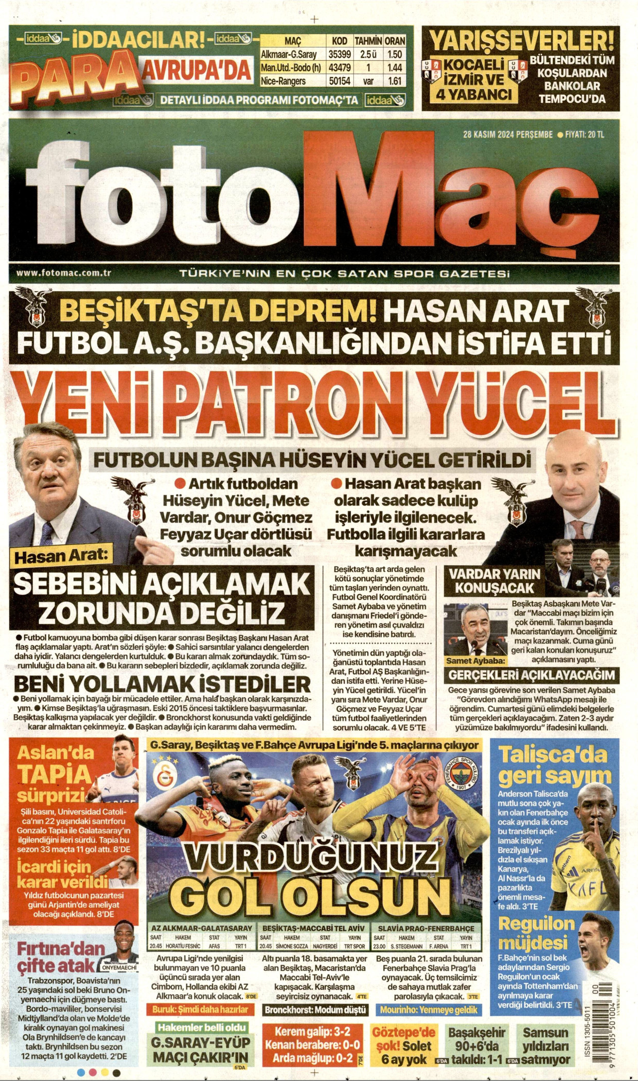 FOTOMAÇ gazetesinin 28 Kasım 2024 tarihli birinci sayfası