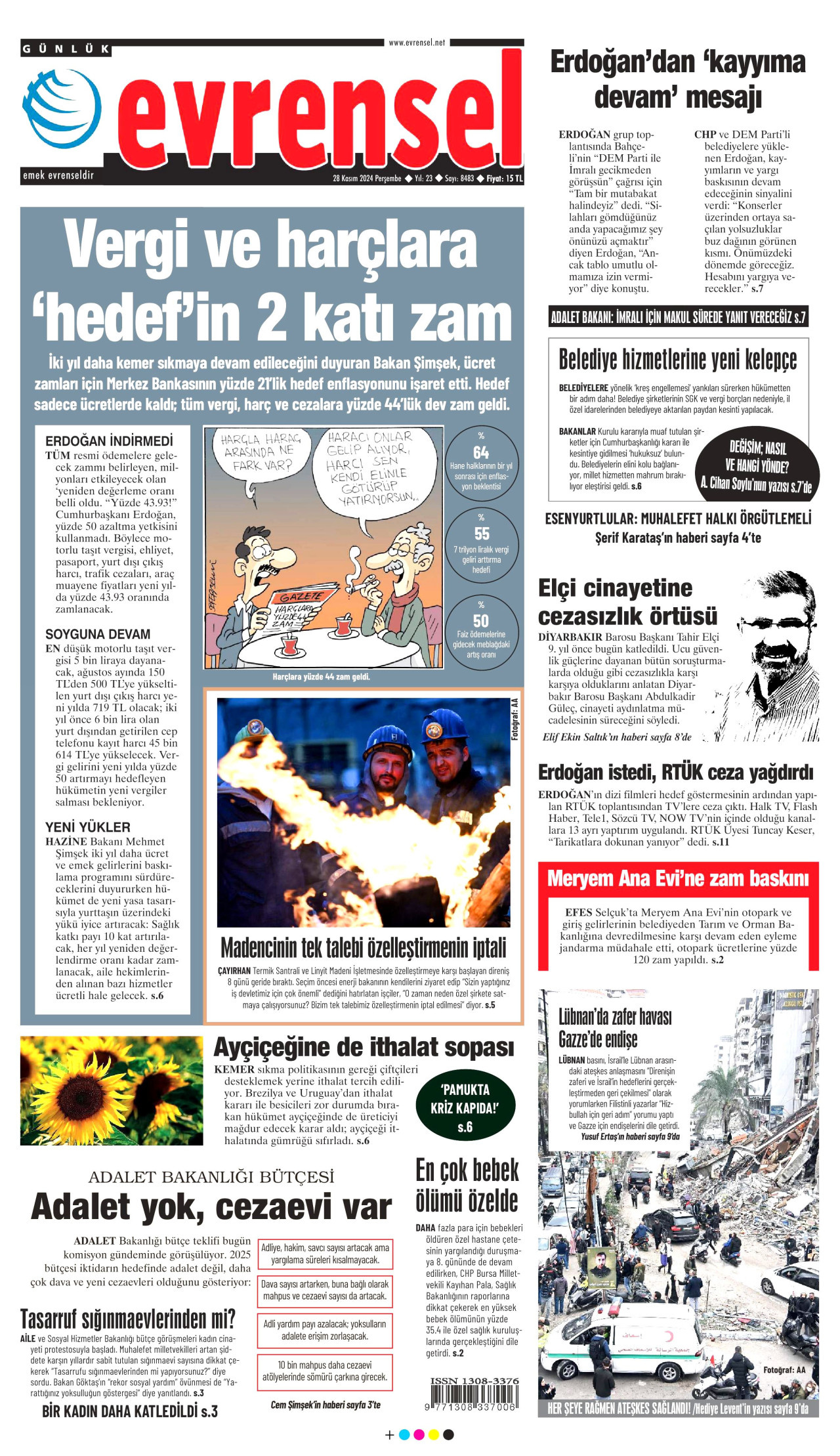 EVRENSEL gazetesinin 28 Kasım 2024 tarihli birinci sayfası