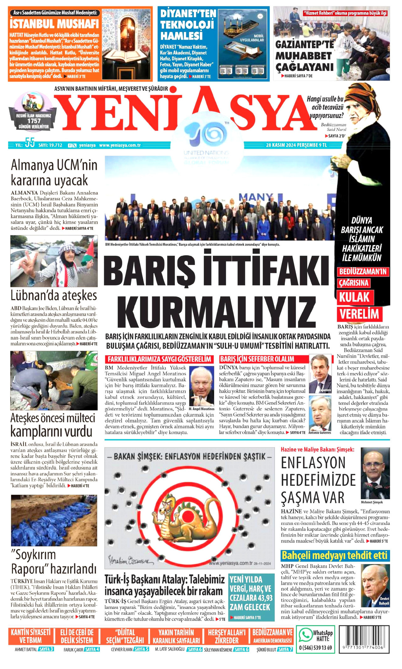 YENİ ASYA gazetesinin 28 Kasım 2024 tarihli birinci sayfası