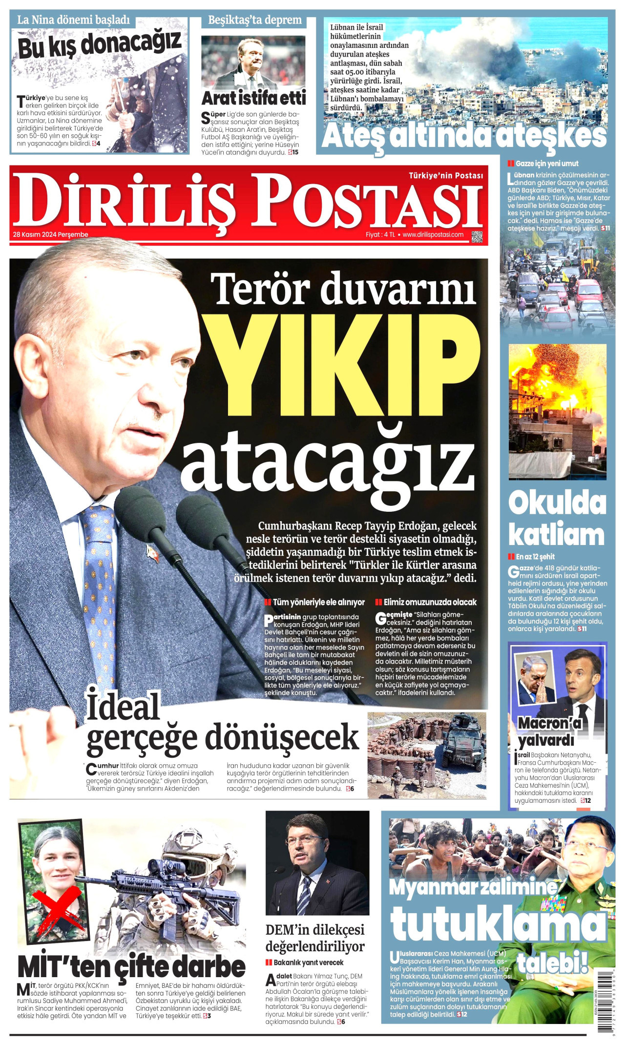 DİRİLİŞ POSTASI gazetesinin 28 Kasım 2024 tarihli birinci sayfası