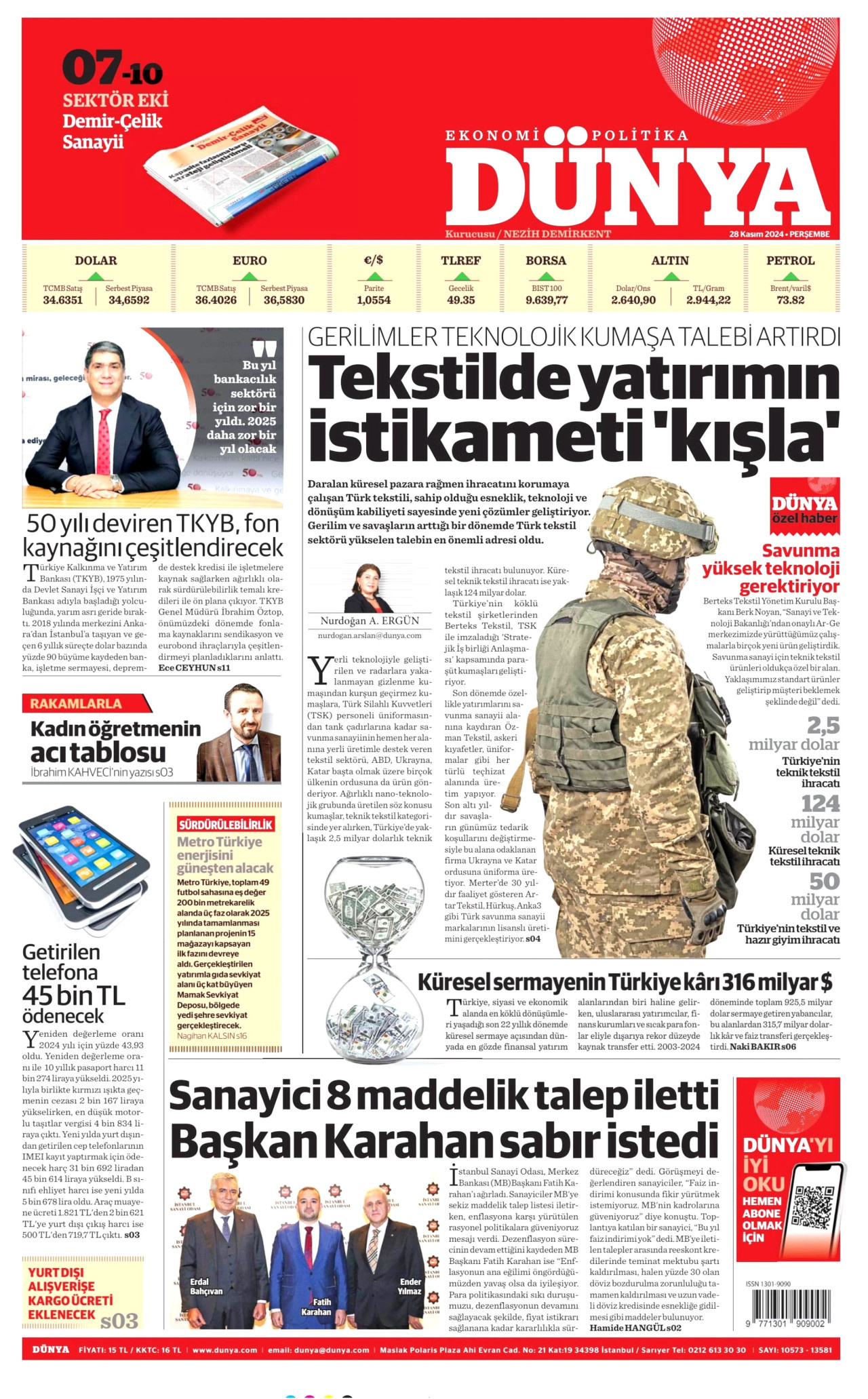 DÜNYA gazetesinin 28 Kasım 2024 tarihli birinci sayfası